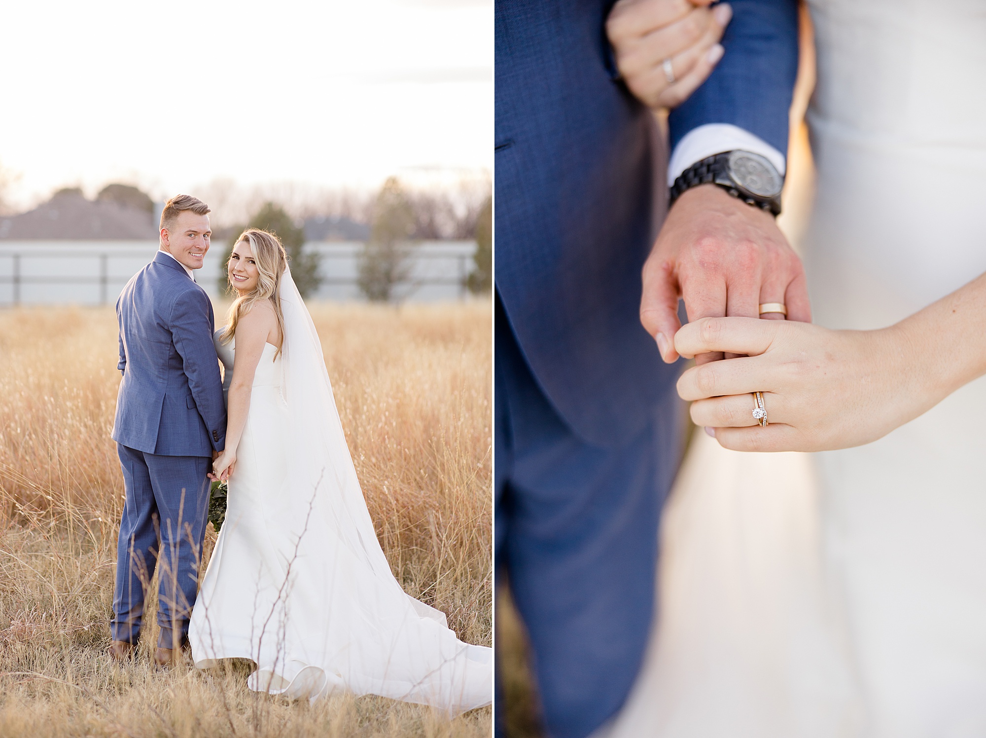 bride and groom hold hands in field during sunset wedding portraits