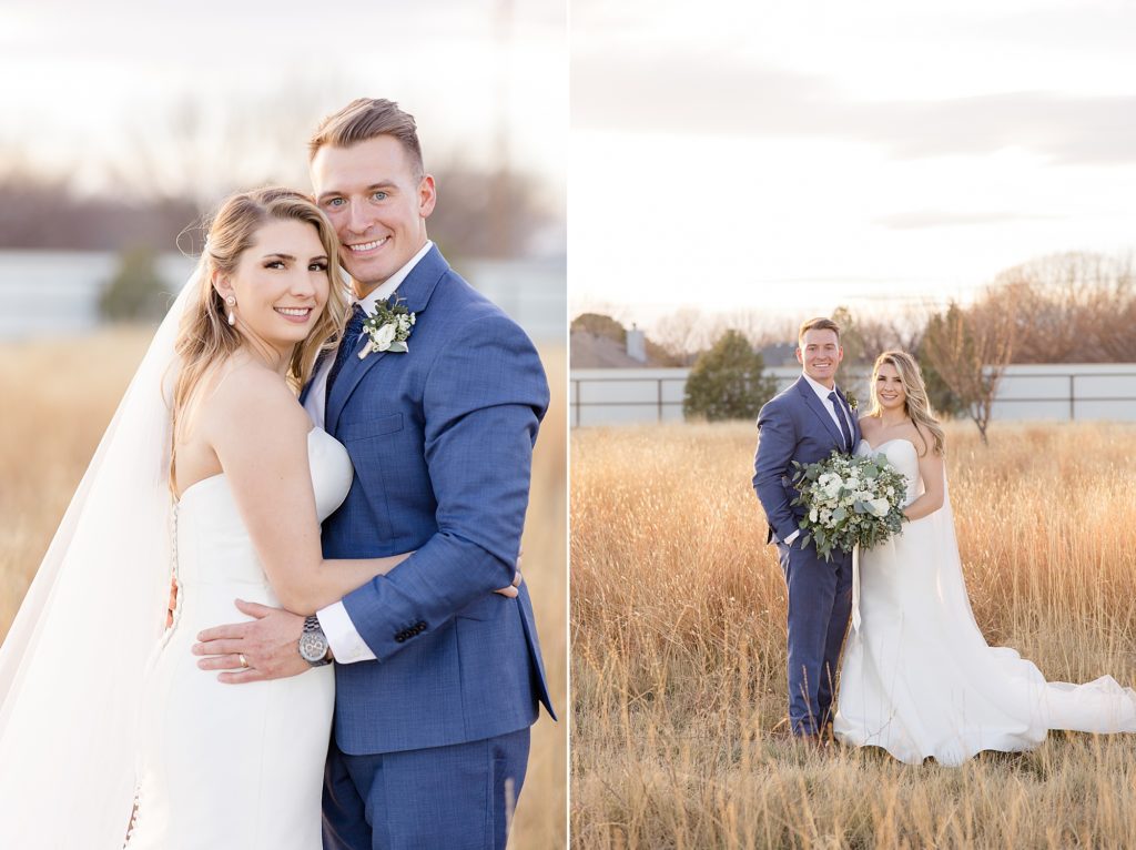 couple stands together during portraits in field at sunset