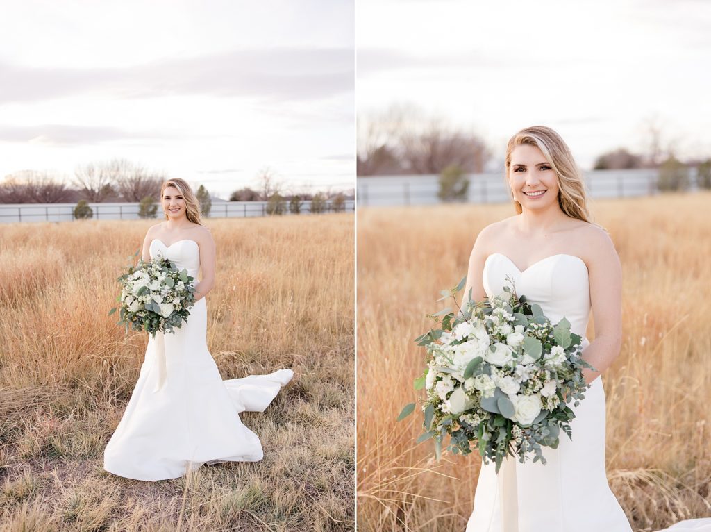 bridal portraits in field on family farm in New Mexico 