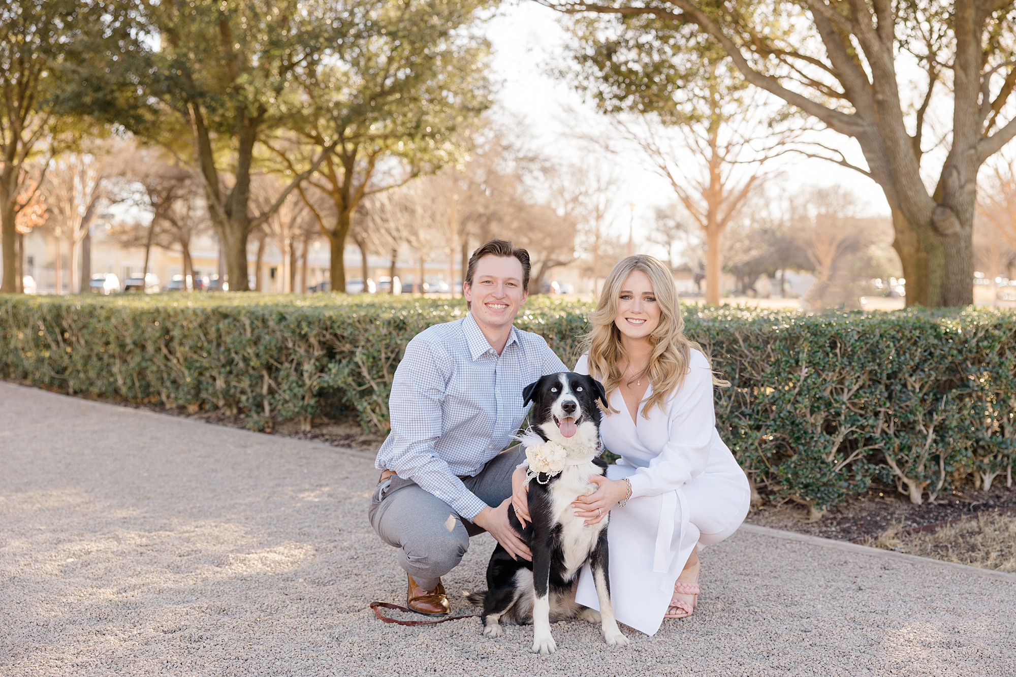 bride and groom pose with dog in gardens at Kimball Art Museum 