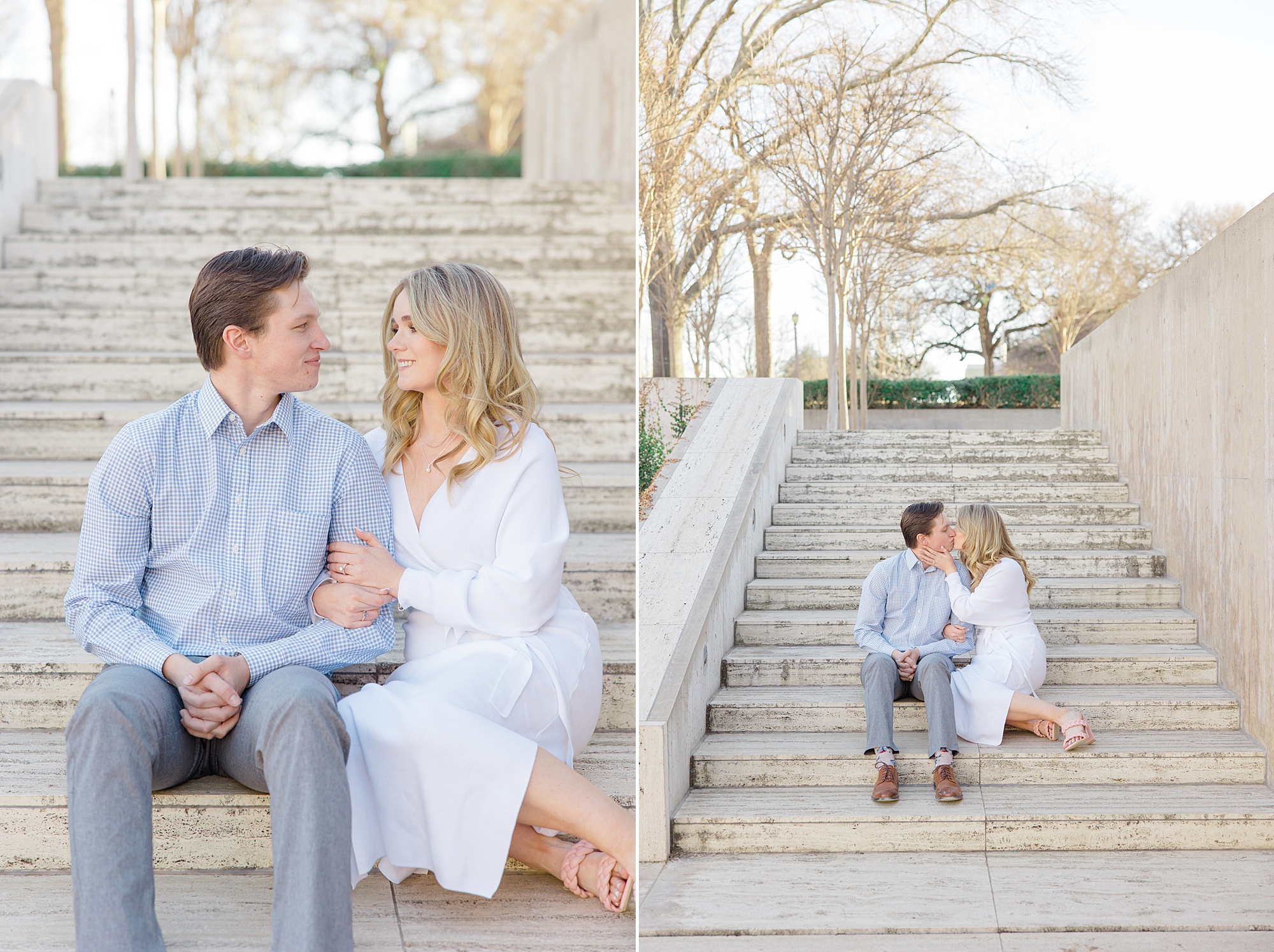 engaged couple sits on steps during Kimball Art Museum engagement photos