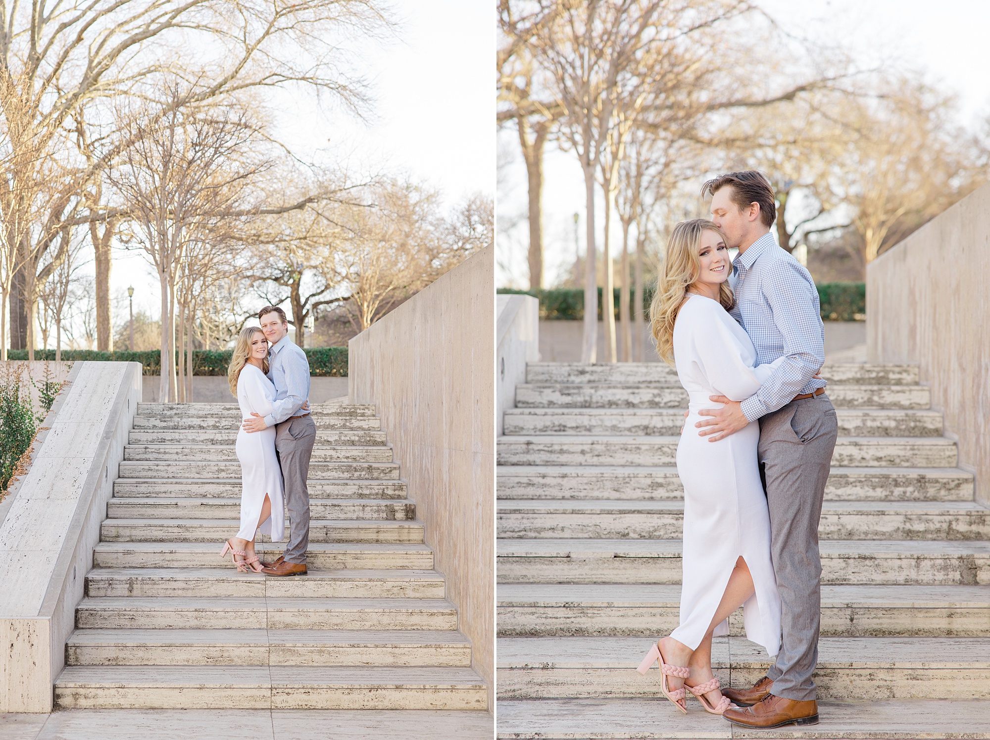 bride and groom stand on steps together in Texas gardens