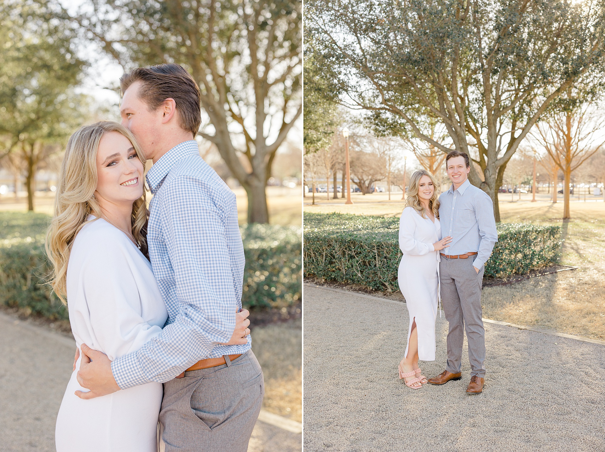 groom kisses bride's forehead during Dallas engagement photos