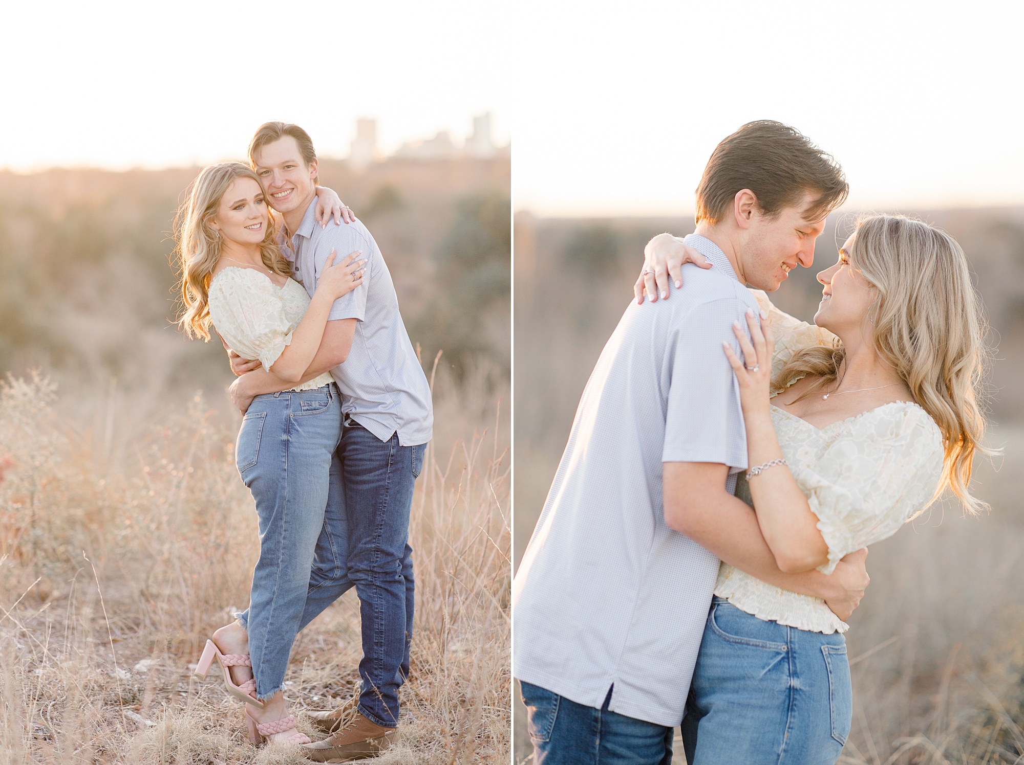 engaged couple smiles at sunset during Tandy Hill engagement session 