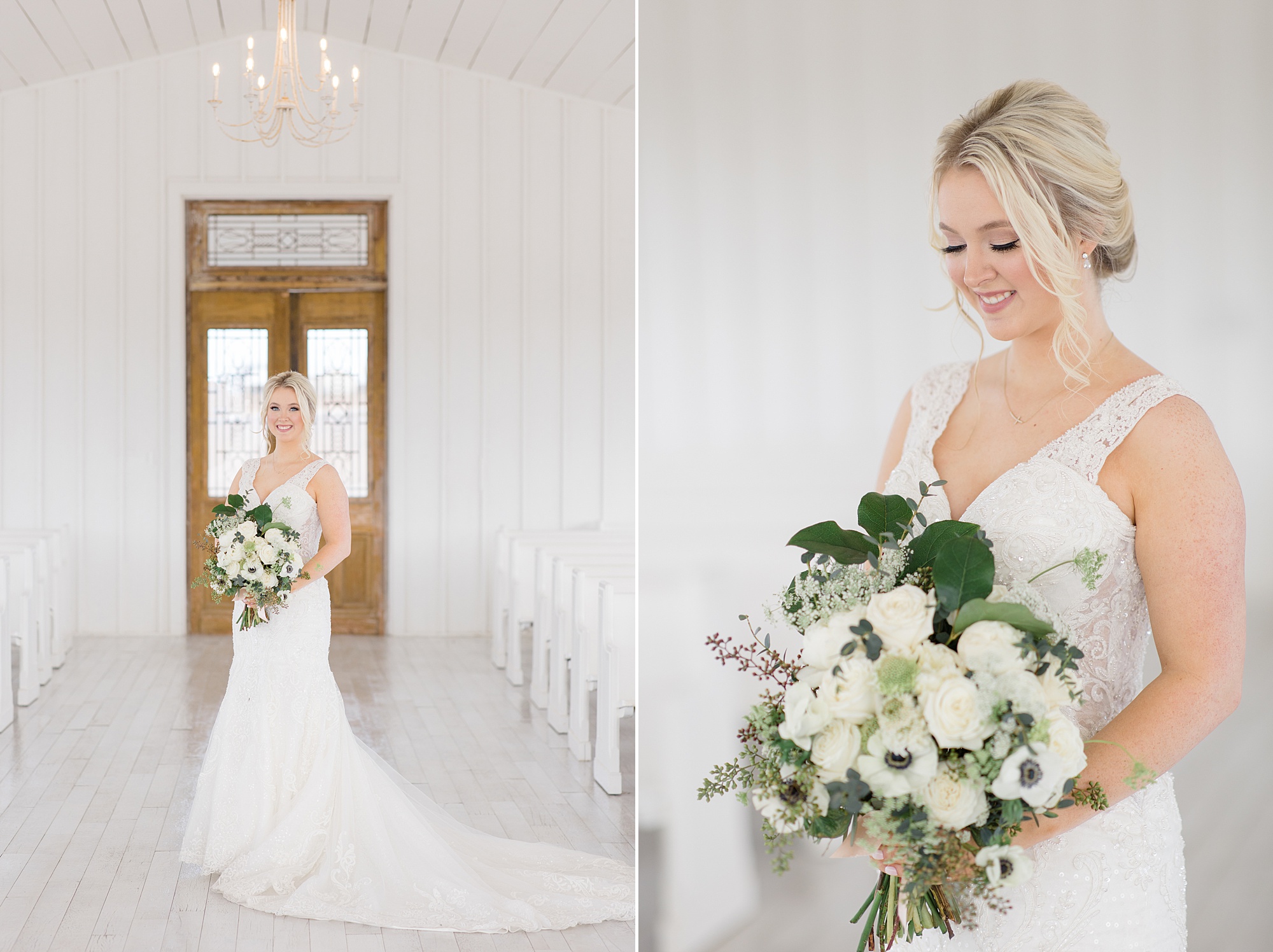 bride smiles down at bouquet of white flowers at The Grand Ivory