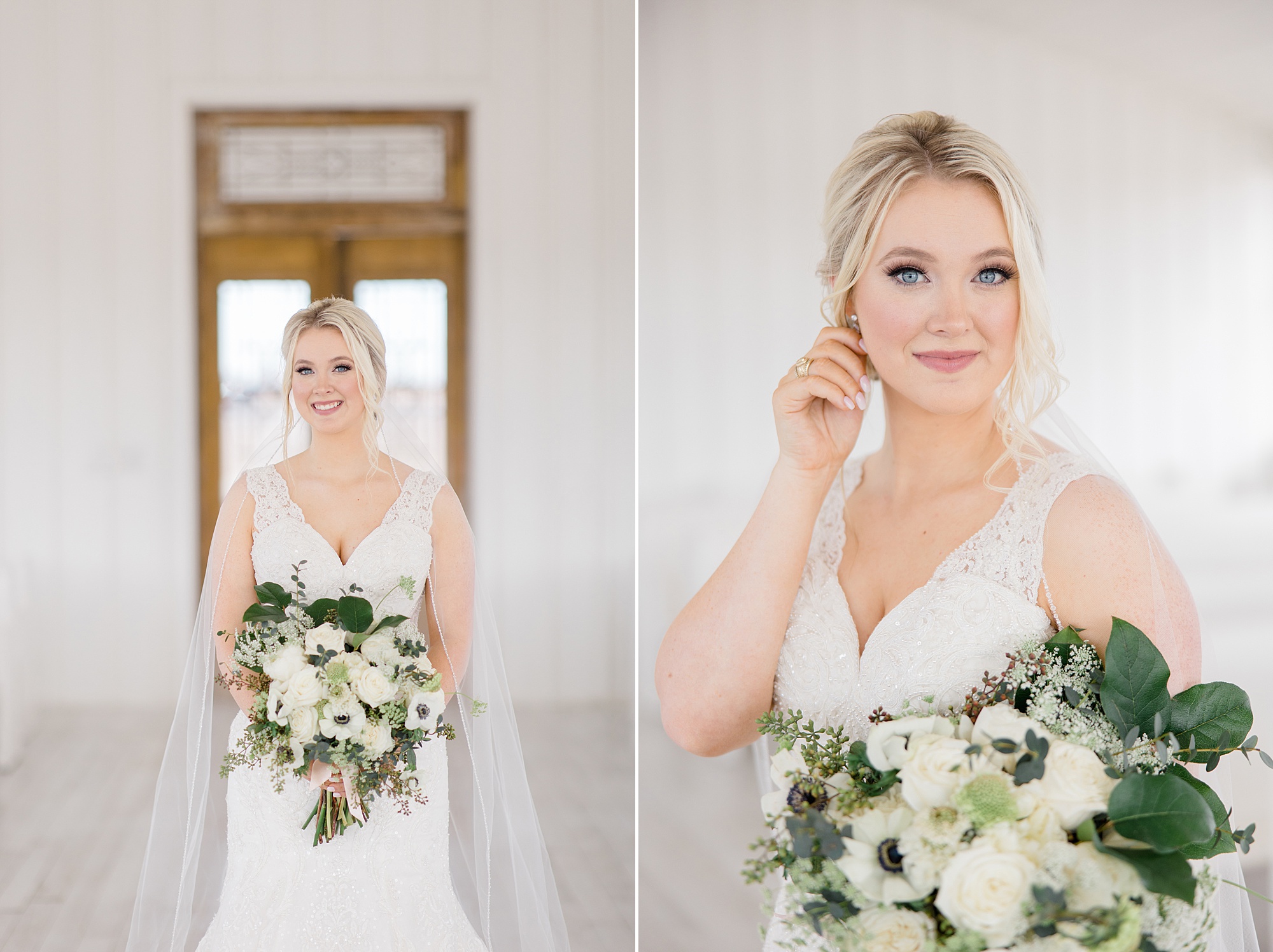 bride holds bouquet of white flowers adjusting earring