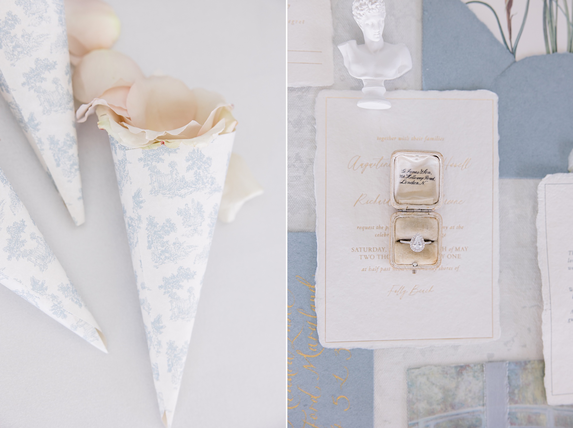 invitation suite and paper cone with petals for beach wedding