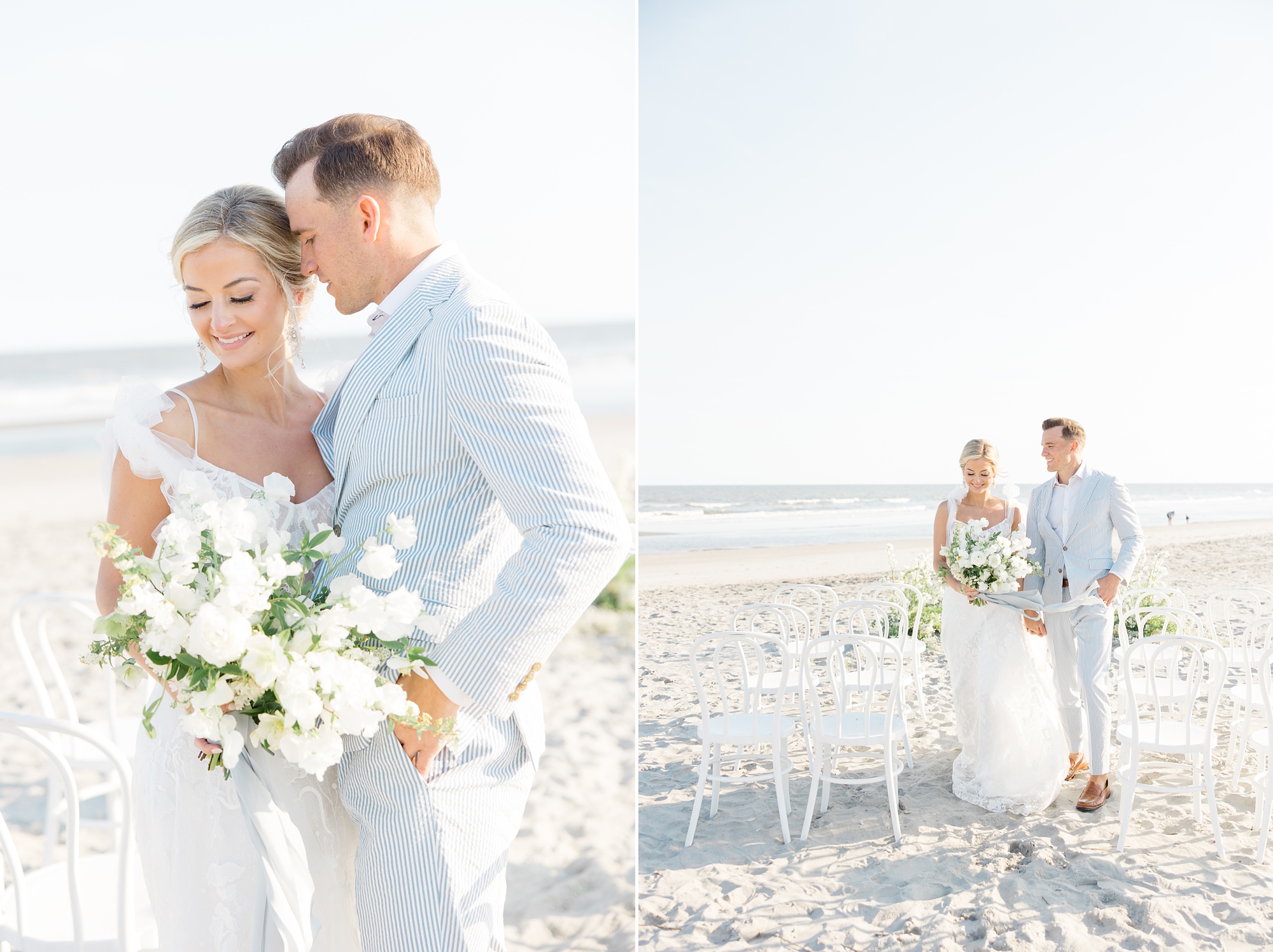 bride and groom hug on sand during Folly Beach wedding day