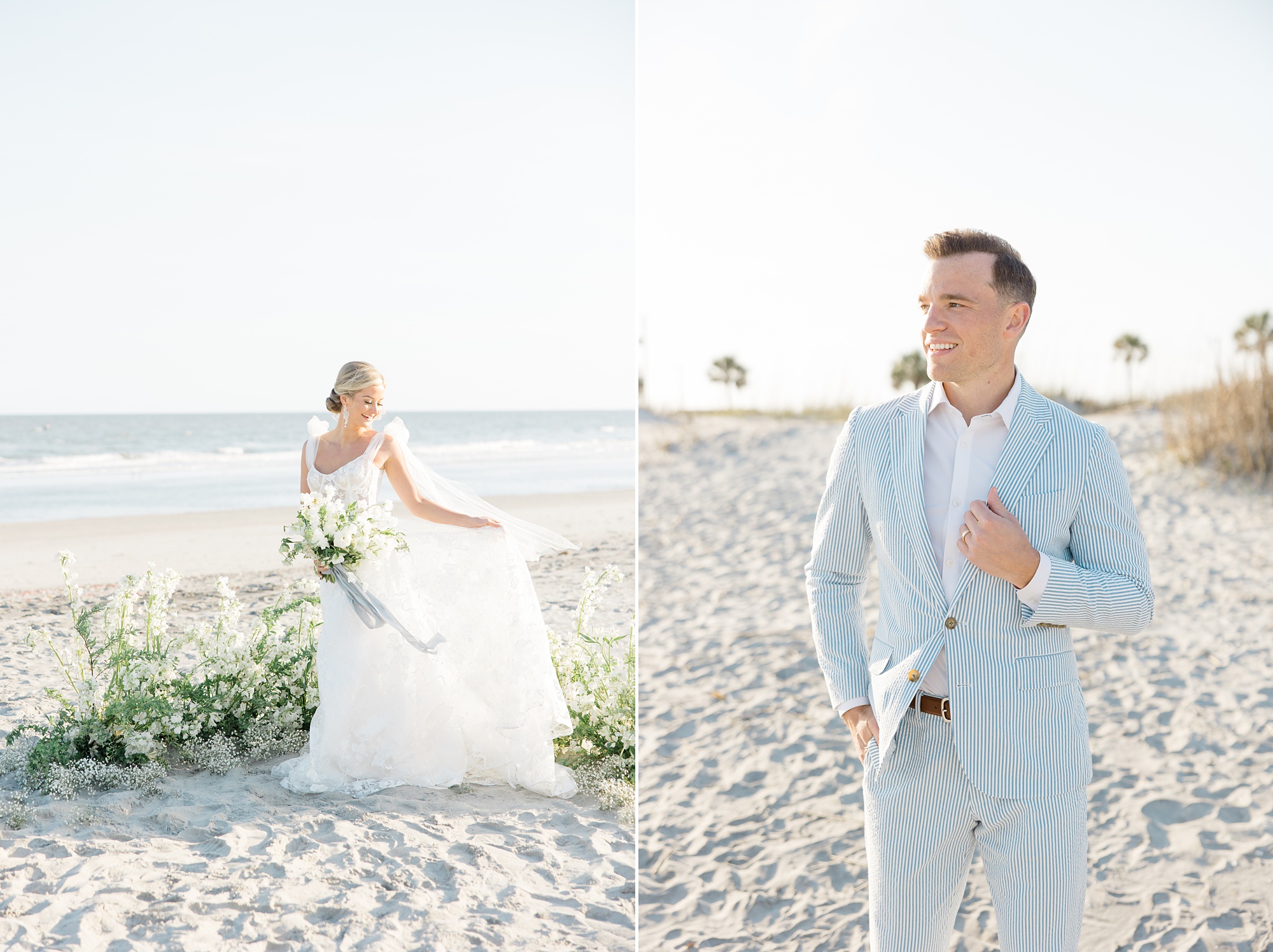 bride and groom pose on Folly Beach for wedding day