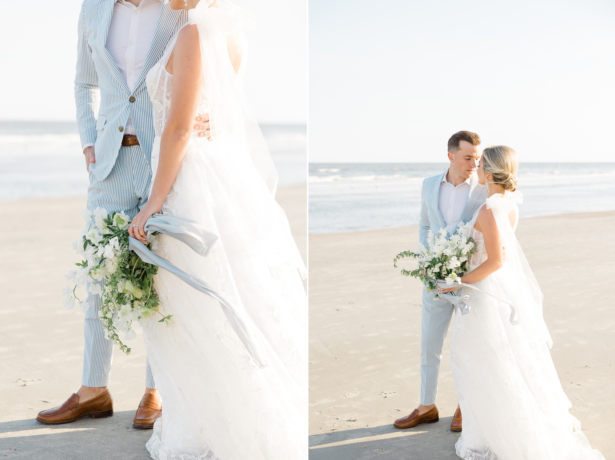 bride and groom kiss on sand at Folly Beach