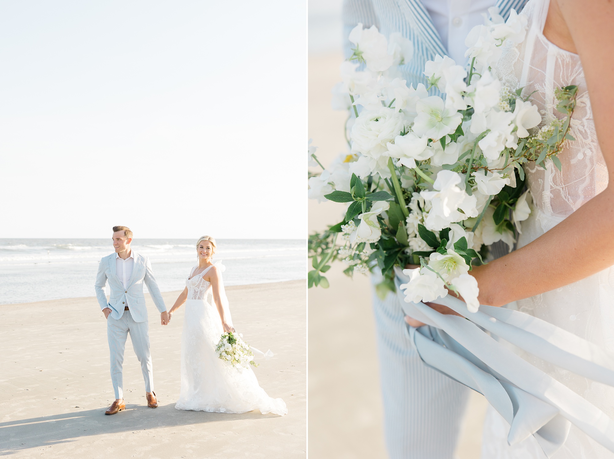 bride and groom stand on beach while bride holds bouquet of white flowers