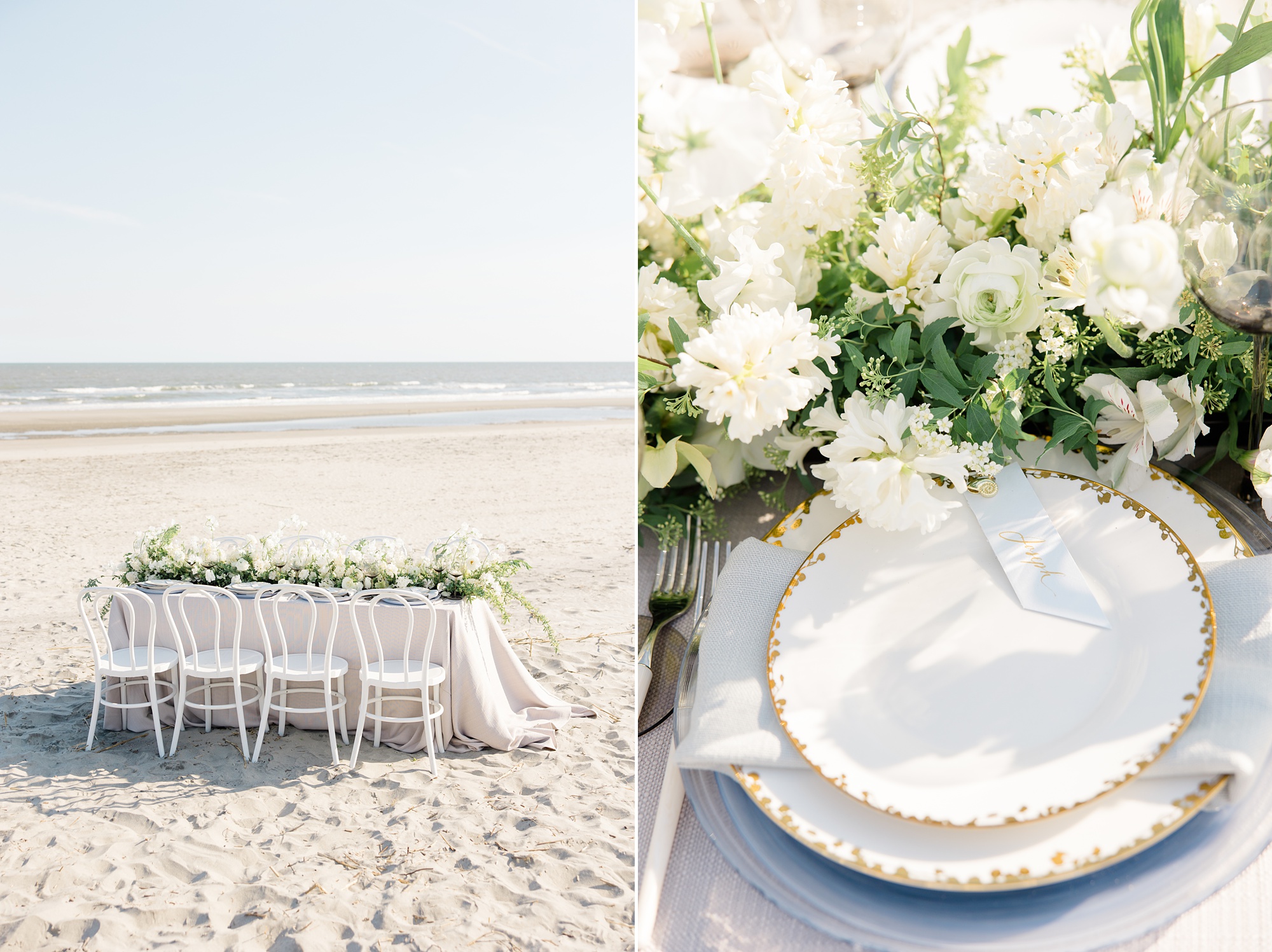 place settings with white and gold plates at Folly Beach