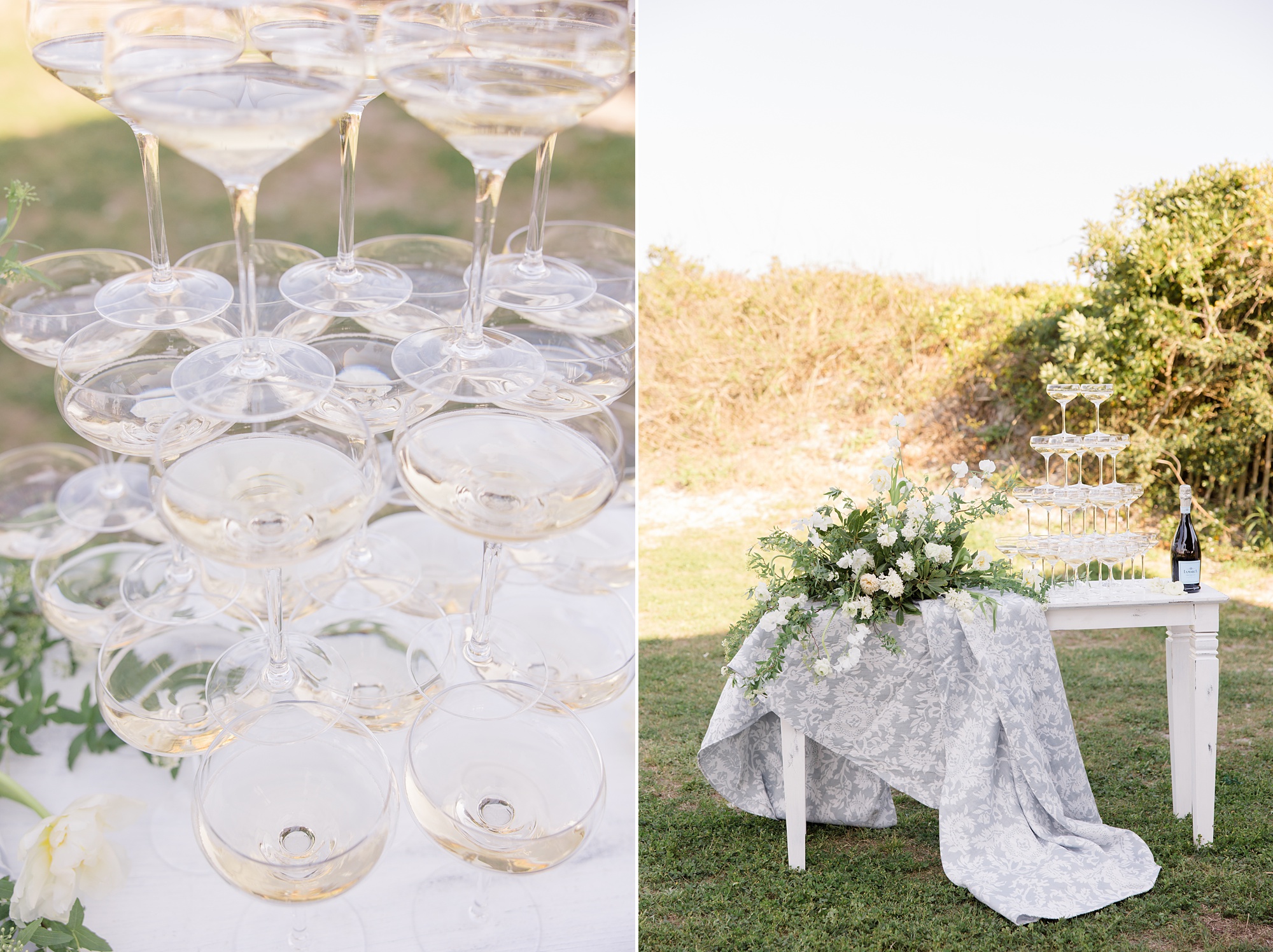 tower of champagne glasses for Folly Beach wedding reception
