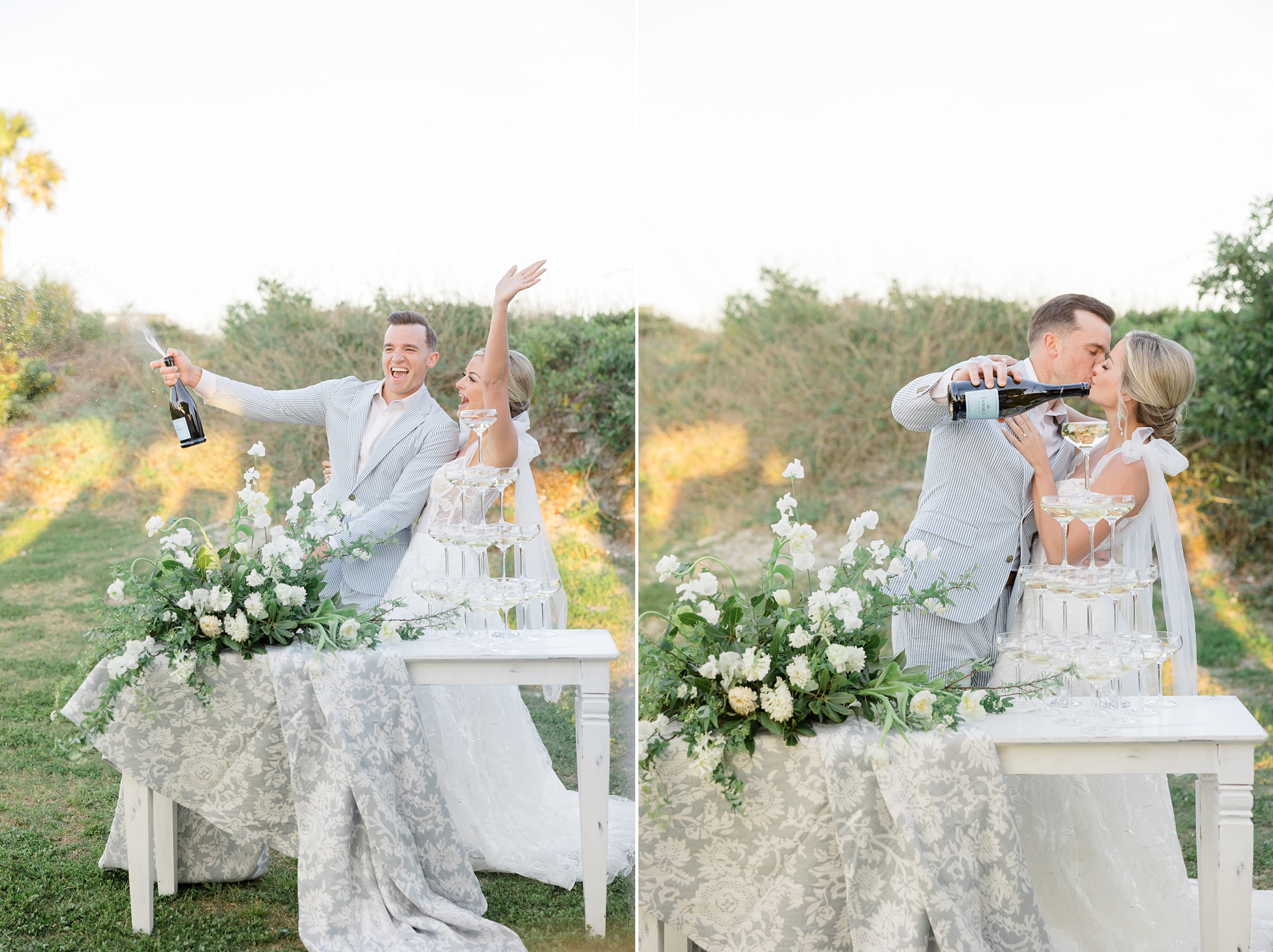newlyweds kiss and pour champagne down tower of glasses 