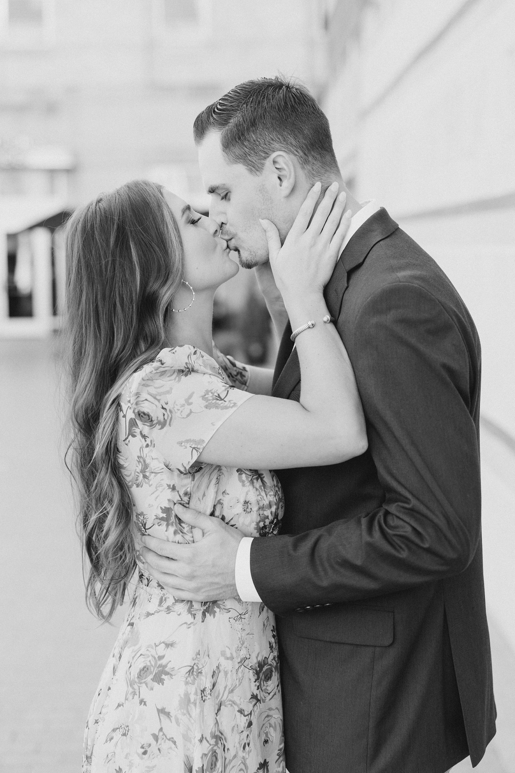 engaged couple kisses during Fort Worth engagement session
