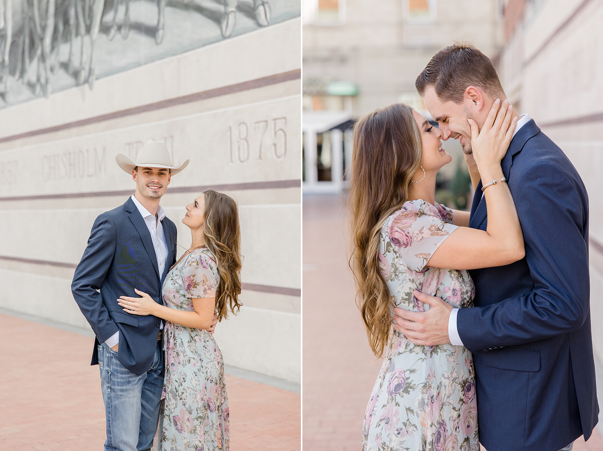 engaged couple hugs by Chisholm Trail mural