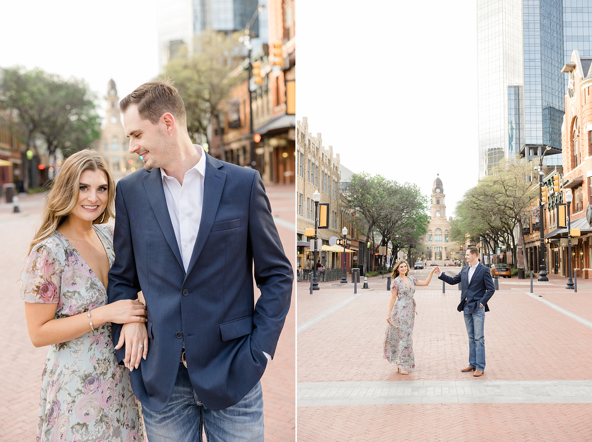 couple walks through Sundance Square during engagement photos