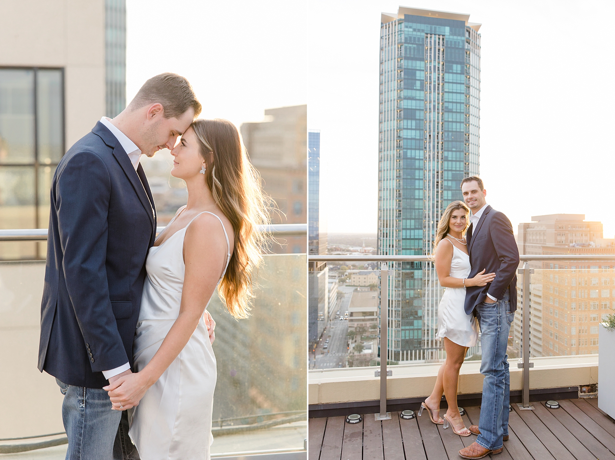 sunset engagement photos on rooftop in Fort Worth