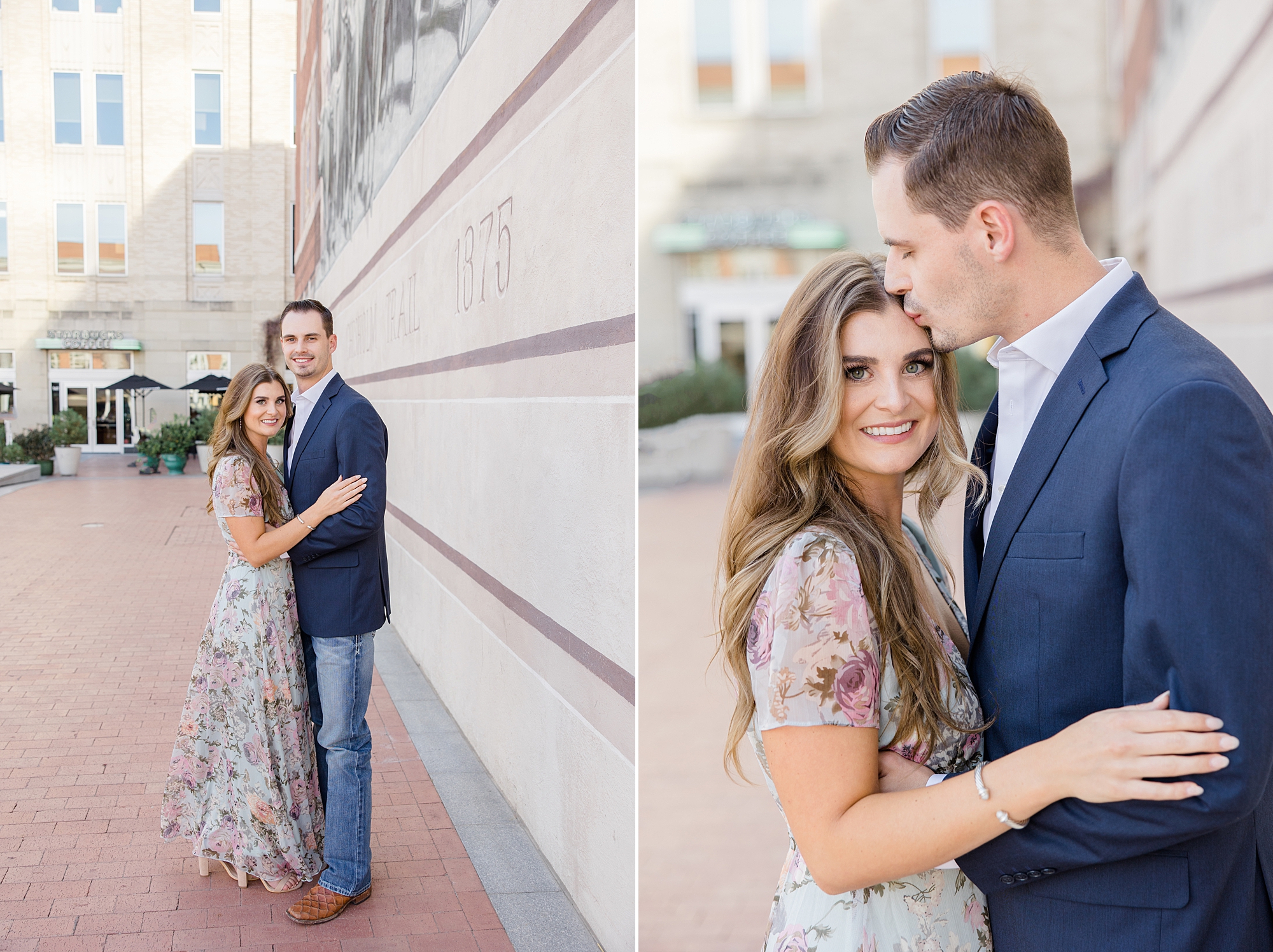 engaged couple leans against stone wall of the Chisholm Trail mural