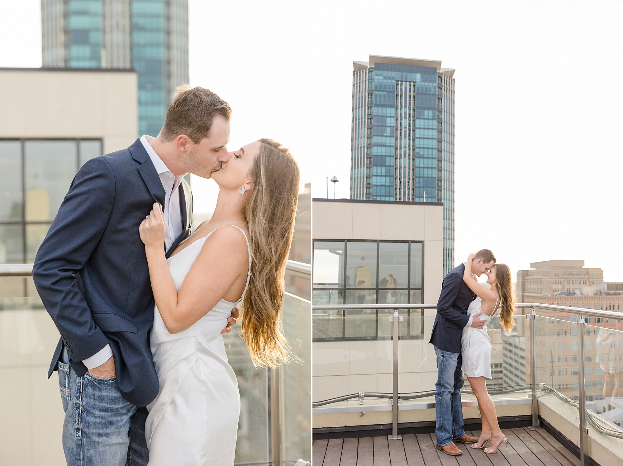 engaged couple kisses on rooftop in Fort Worth