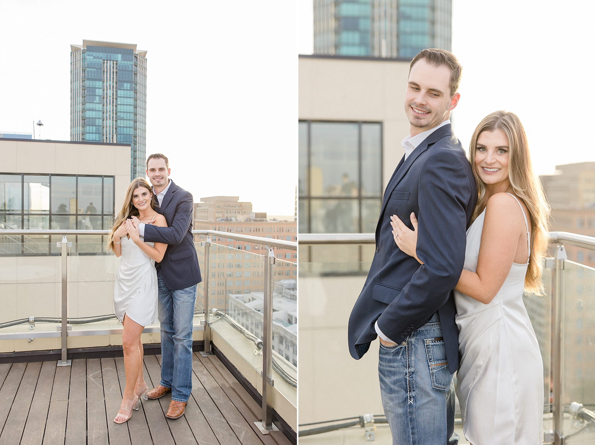 bride hugs groom during sunset photos on rooftop in Fort Worth