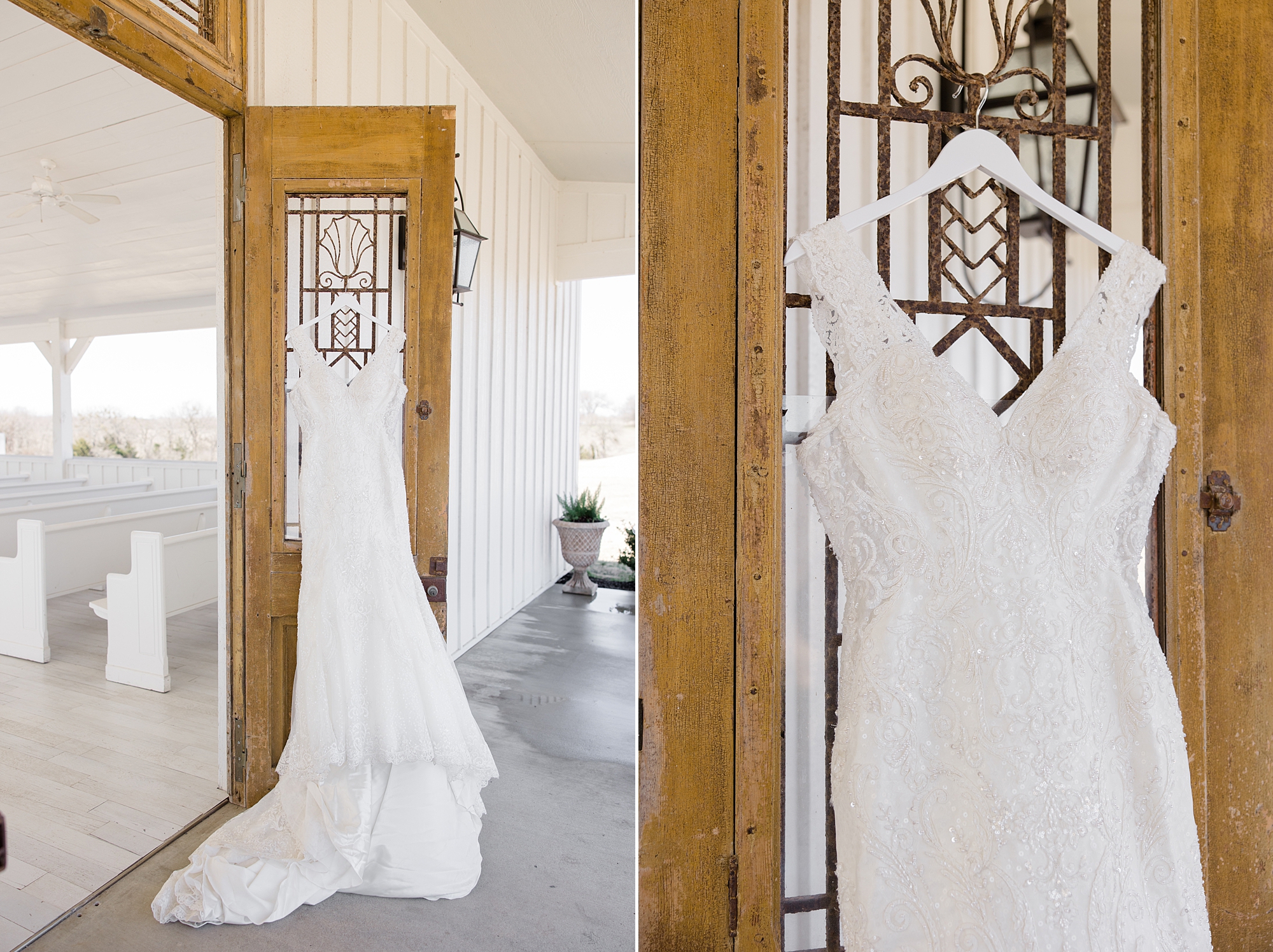 bride's dress hangs on wooden door at The Grand Ivory