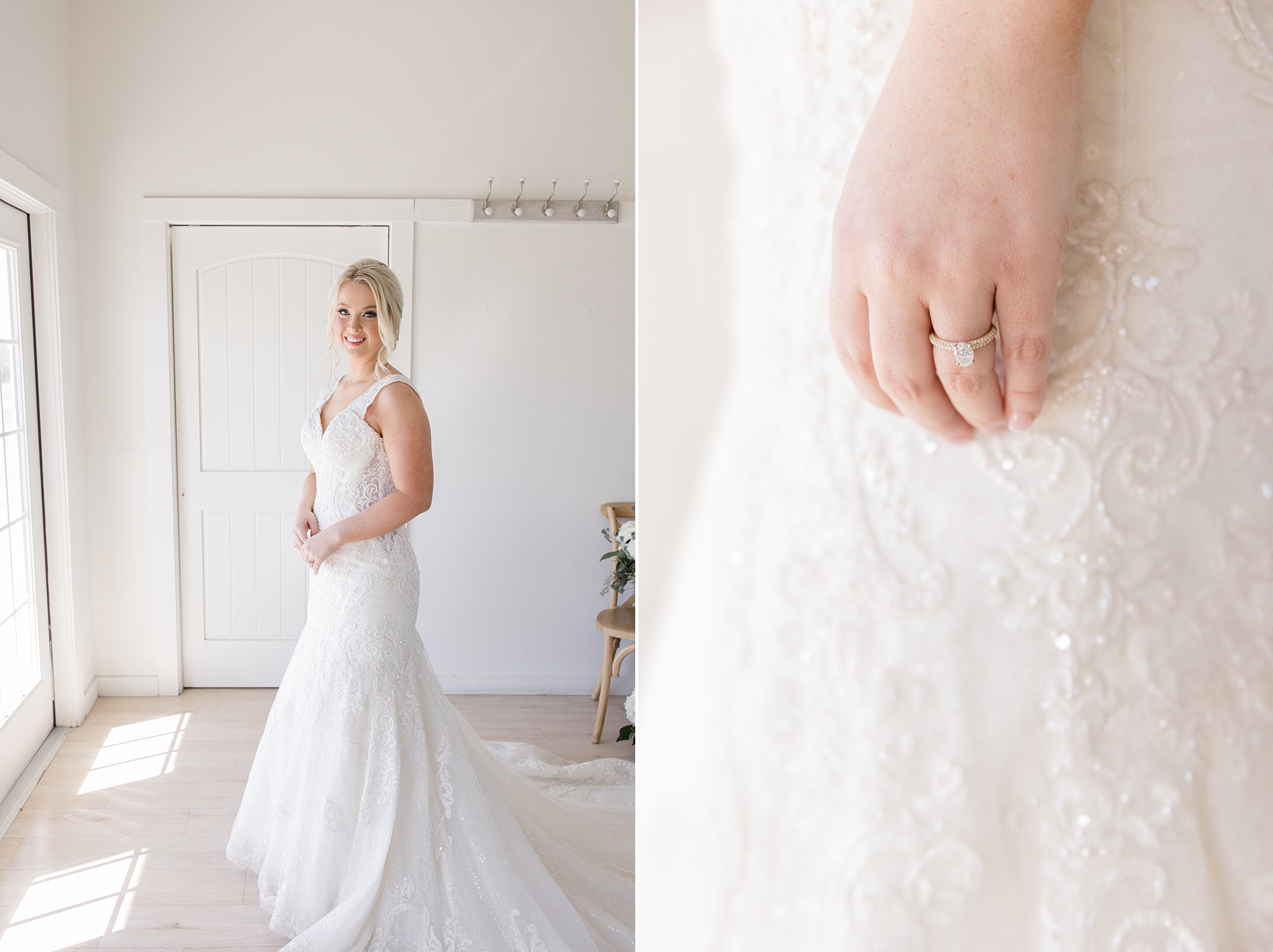 bride stands inside bridal suite in Dallas TX