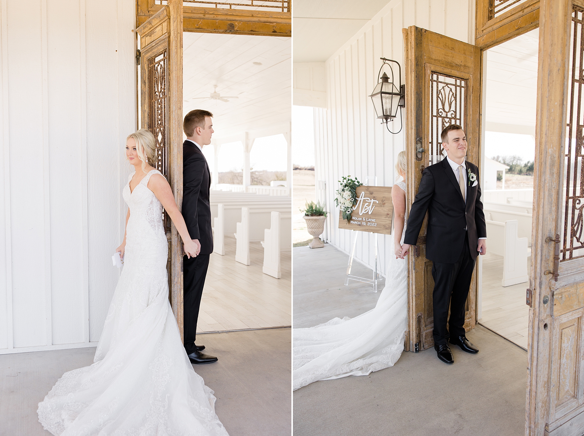 newlyweds have first touch around wooden door at The Grand Ivory