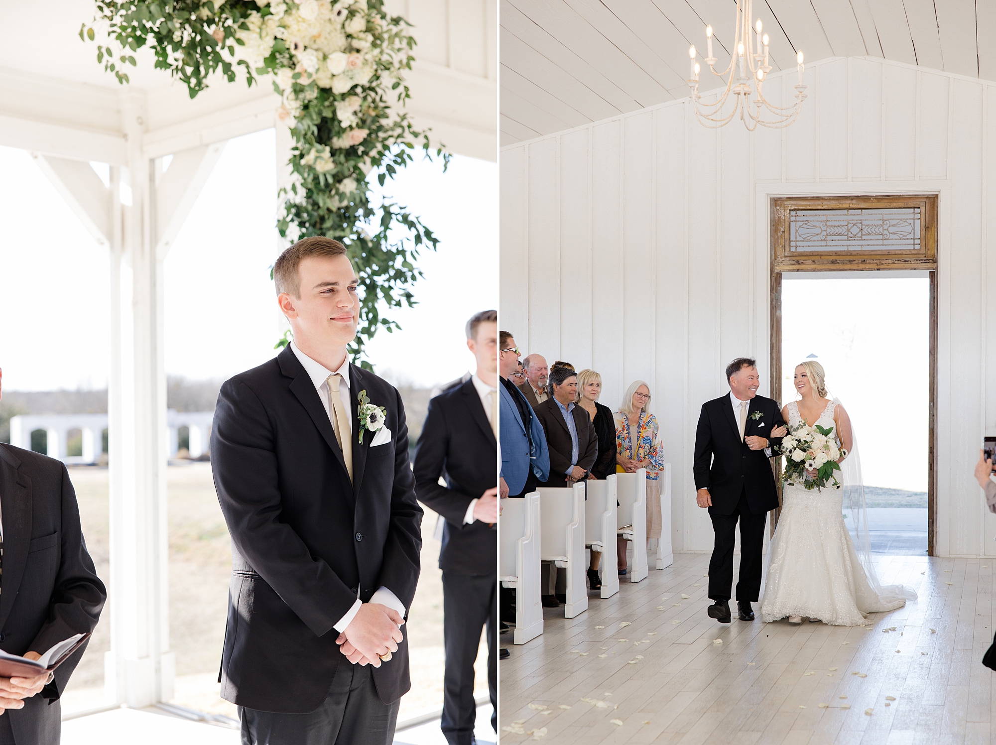 bride walks down aisle with dad for ceremony in open air chapel