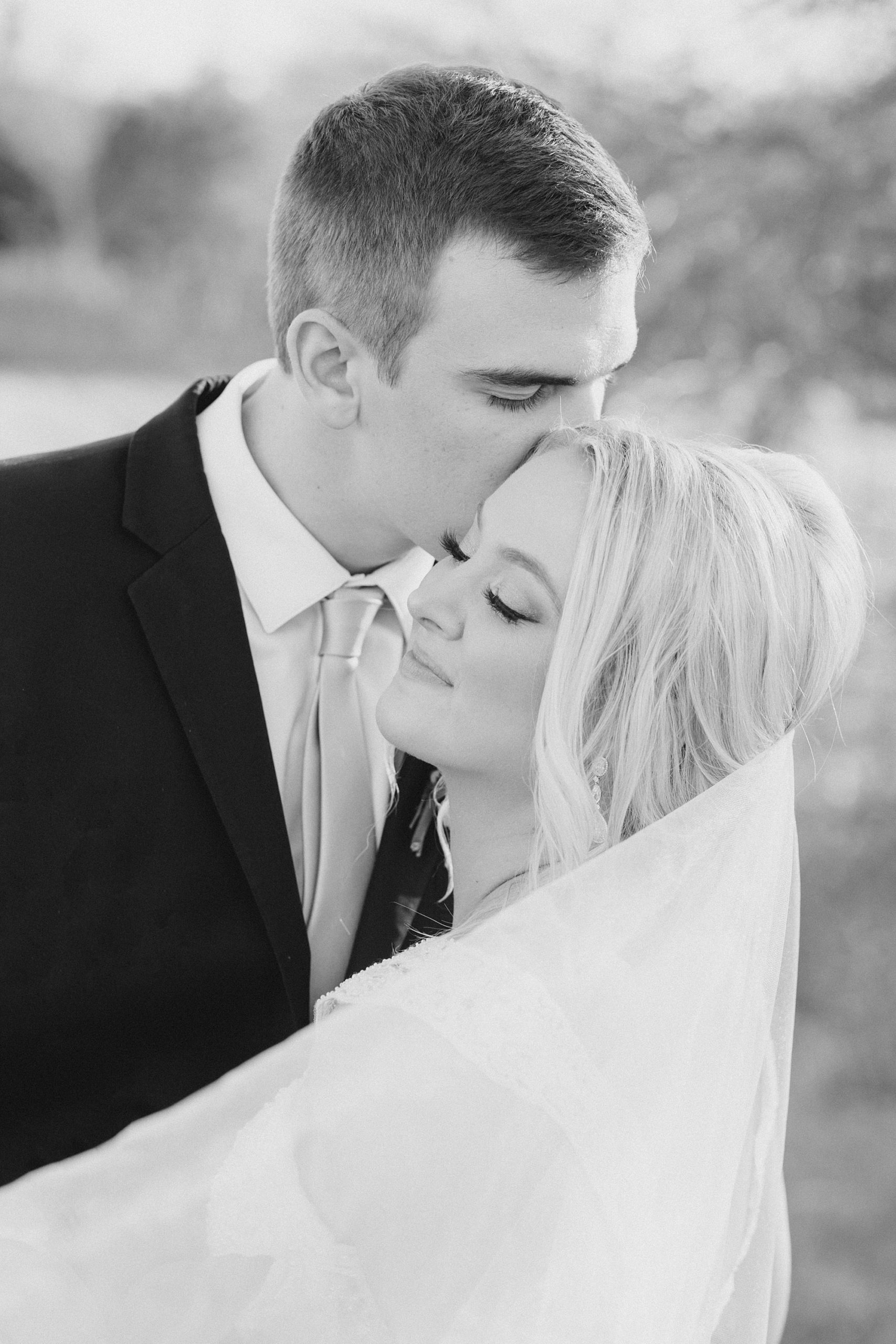 groom kisses bride's forehead with veil around them