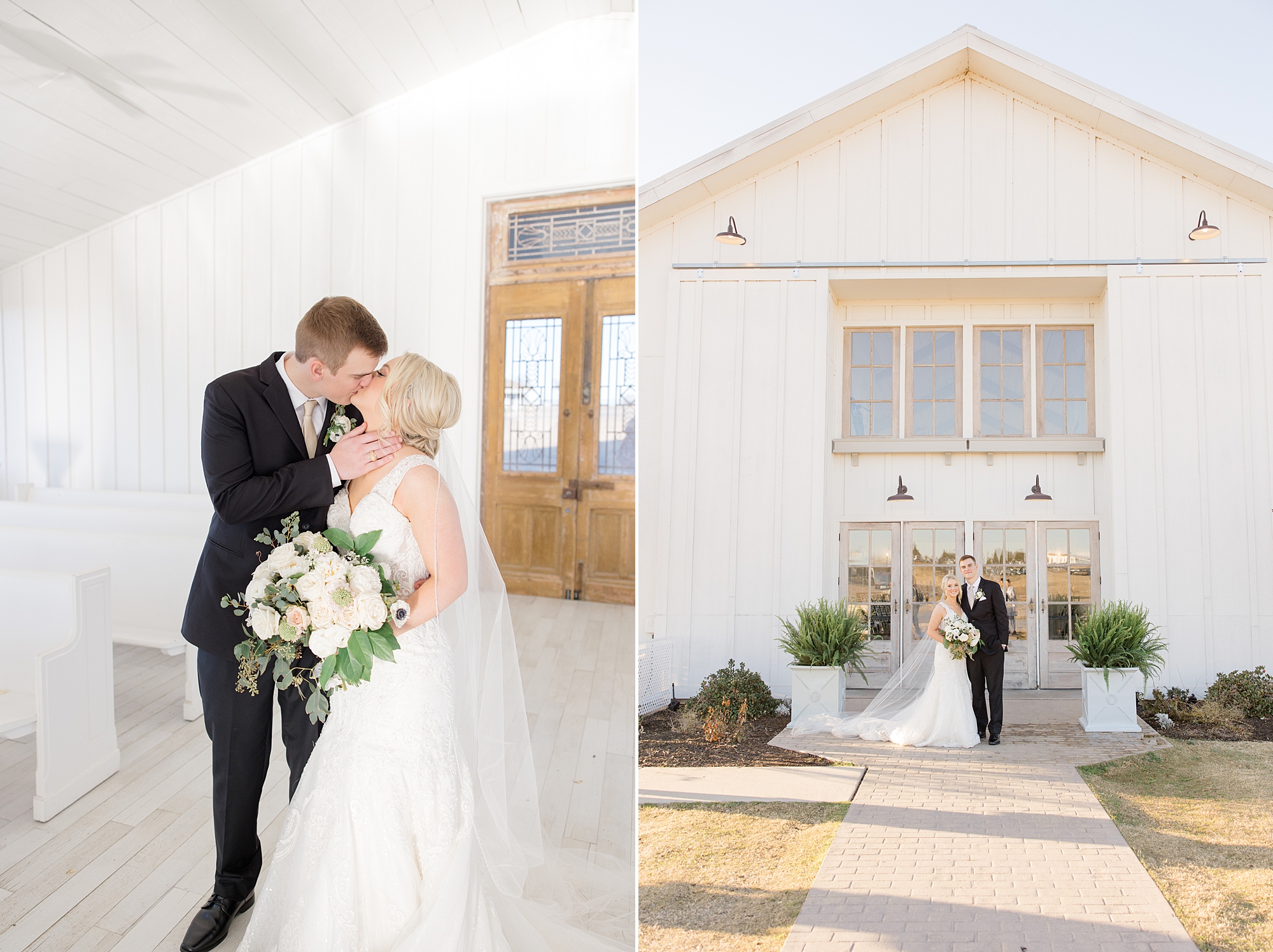 bride and groom kiss outside the barn at  The Grand Ivory