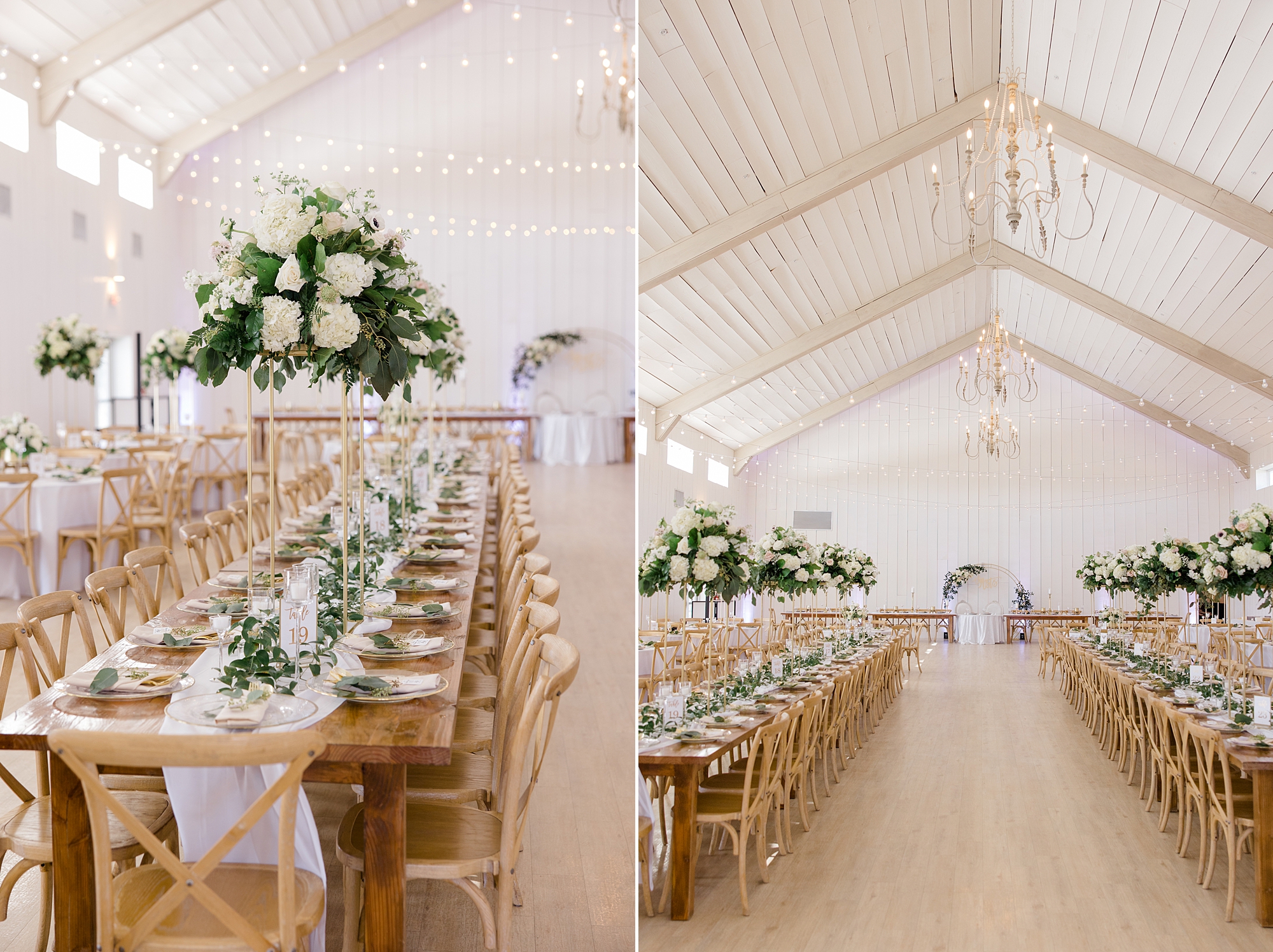 The Grand Ivory wedding reception with wooden chairs and white and green centerpieces 