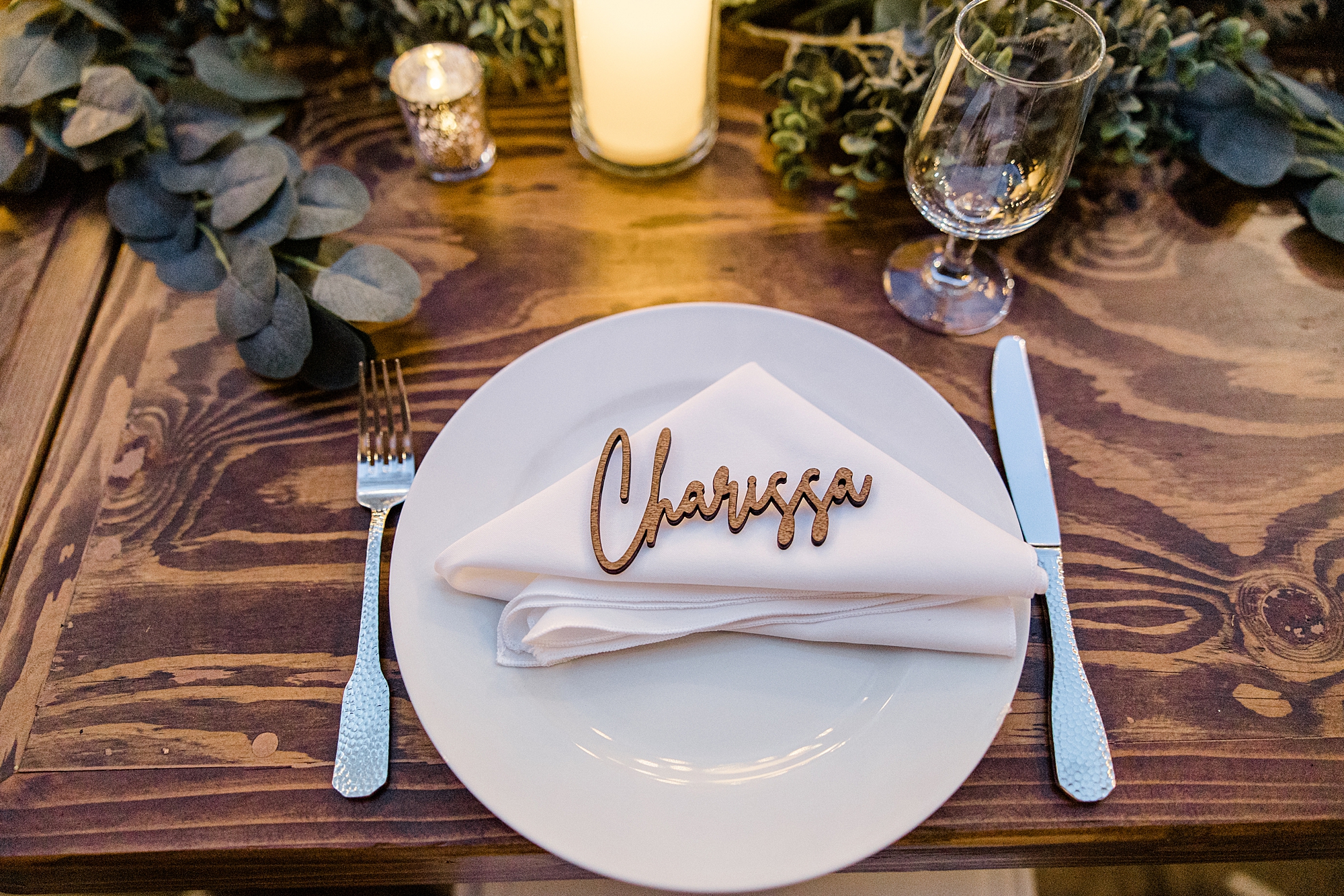 place setting with custom wooden name tag