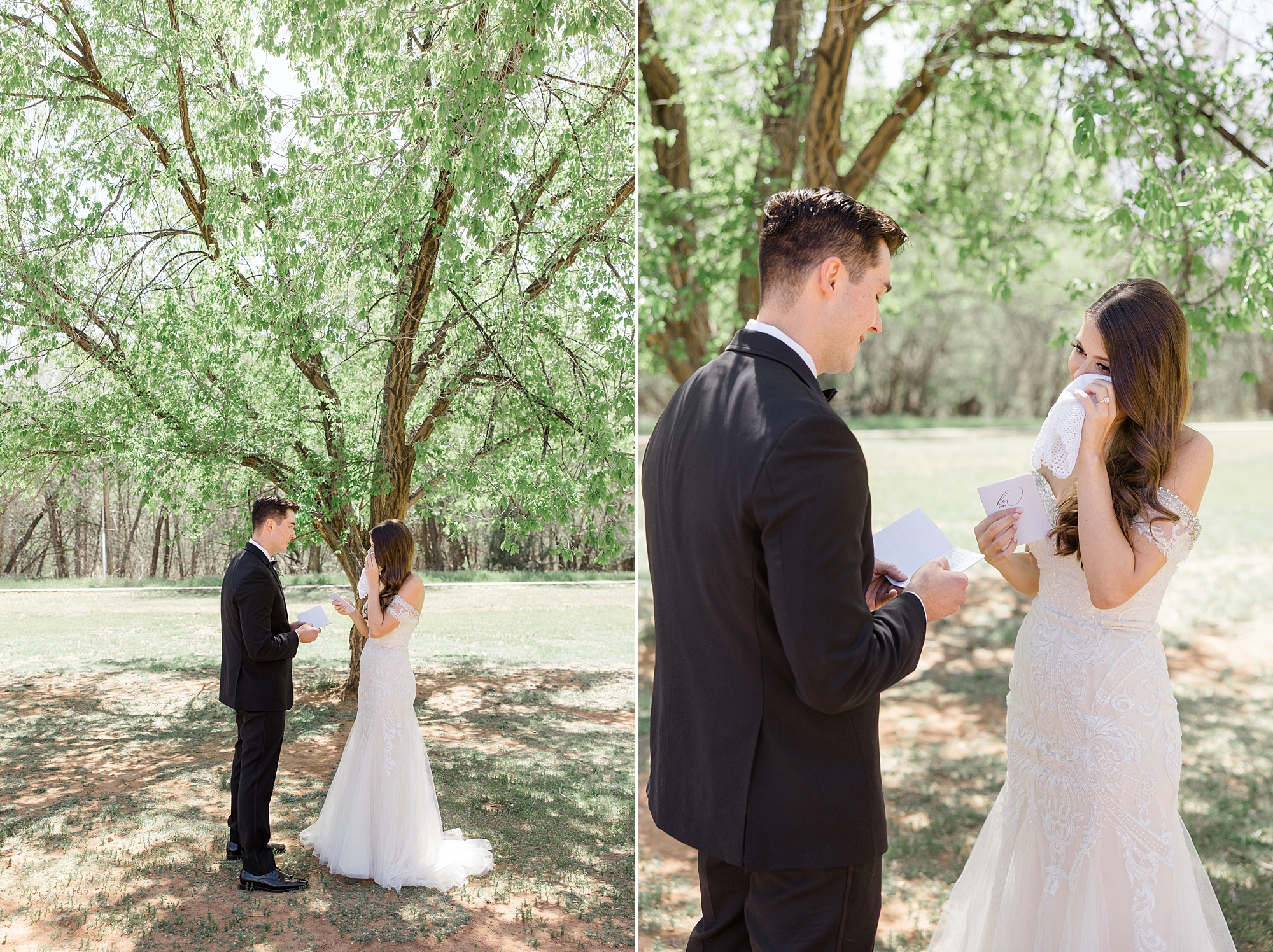 bride and groom talk during first look in Sedona AZ