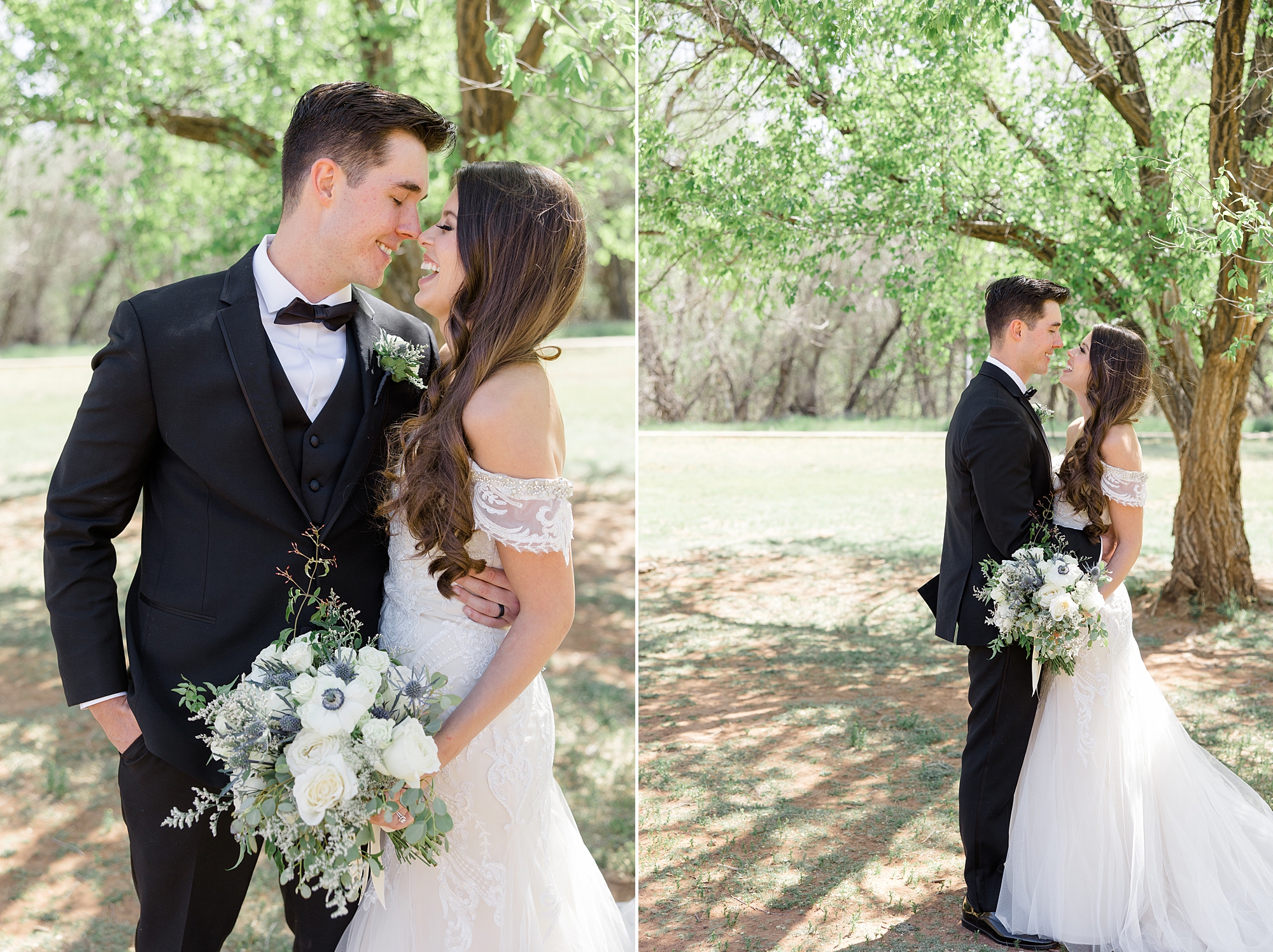 bride and groom hug under tree during AZ wedding photos