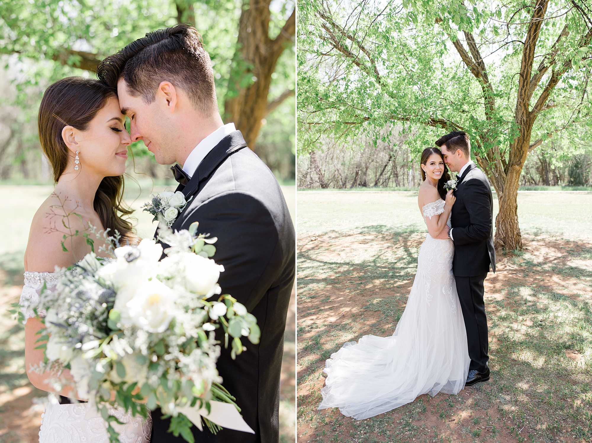 newlyweds stand under tree during AZ wedding photos