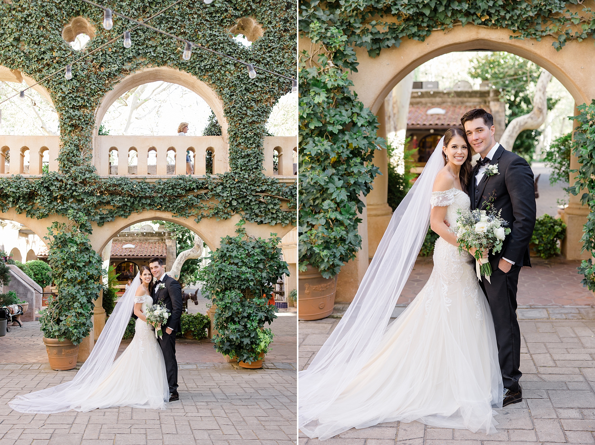 bride and groom kiss under ivy covered wall at Tlaquepaque