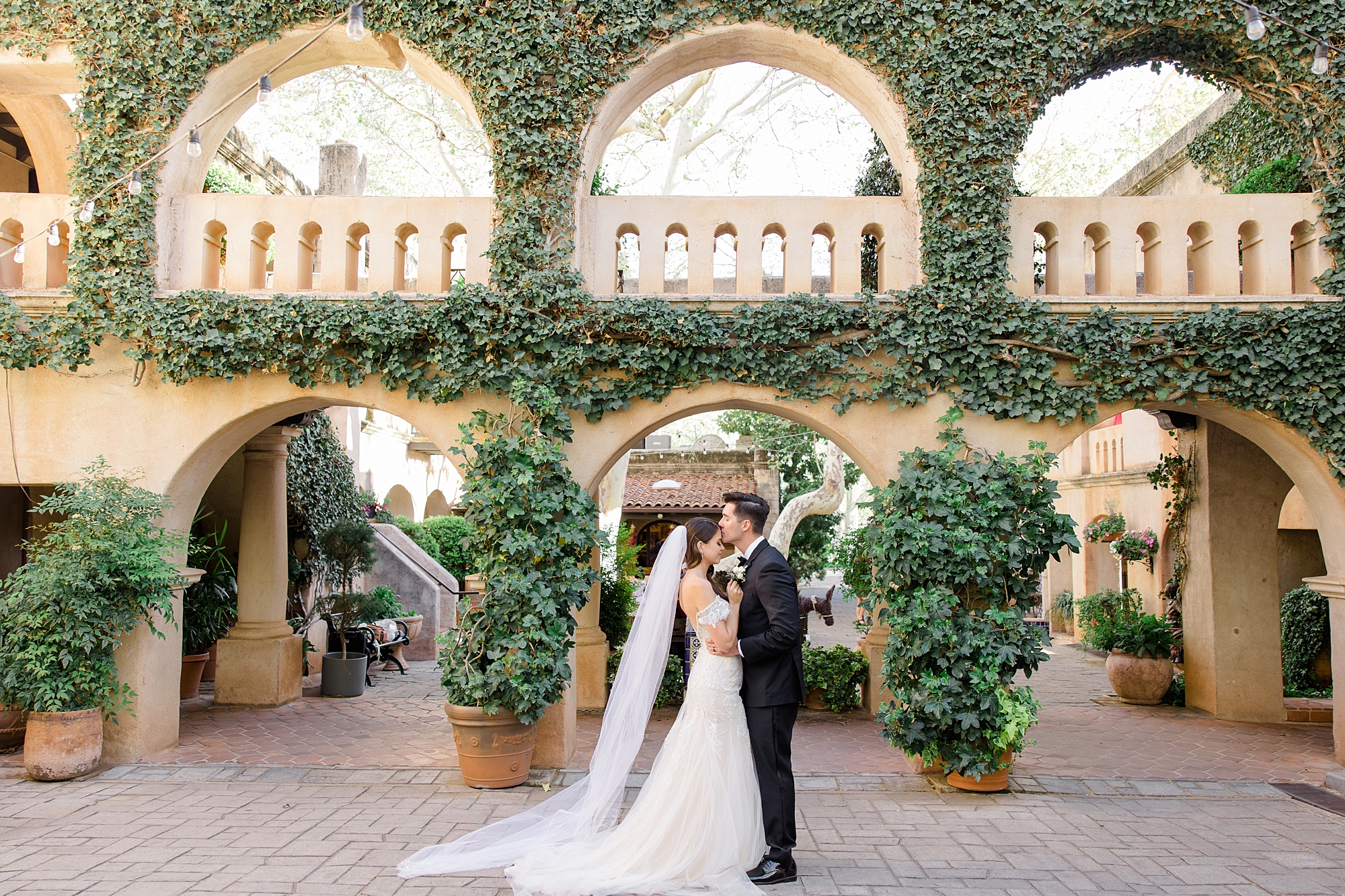 bride and groom stand in front of ivy covered arches at Tlaquepaque