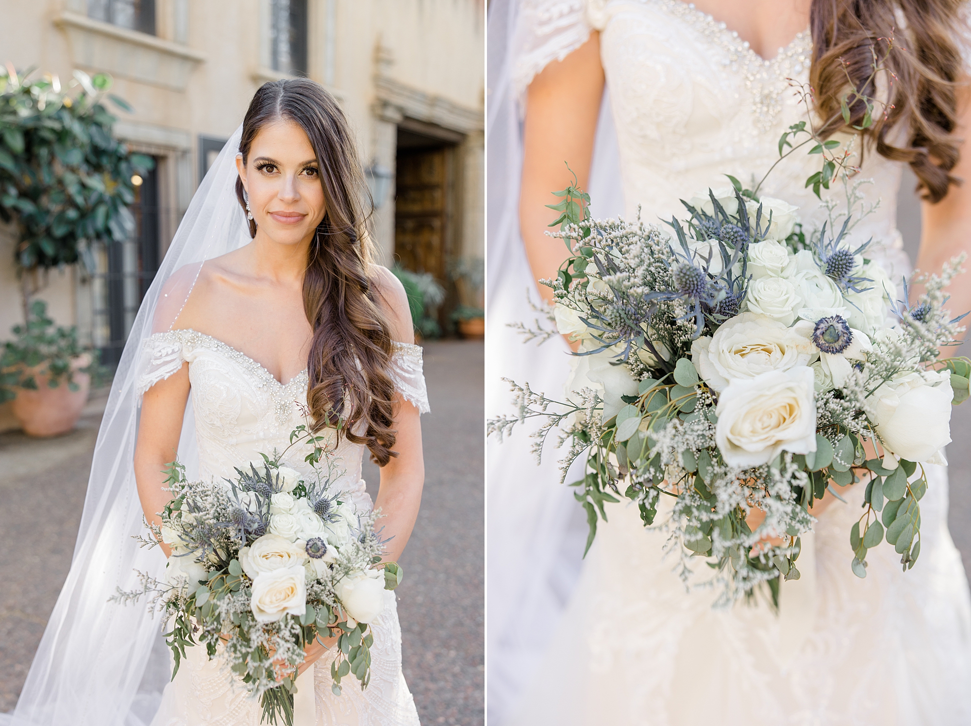 bride holds bouquet of white flowers