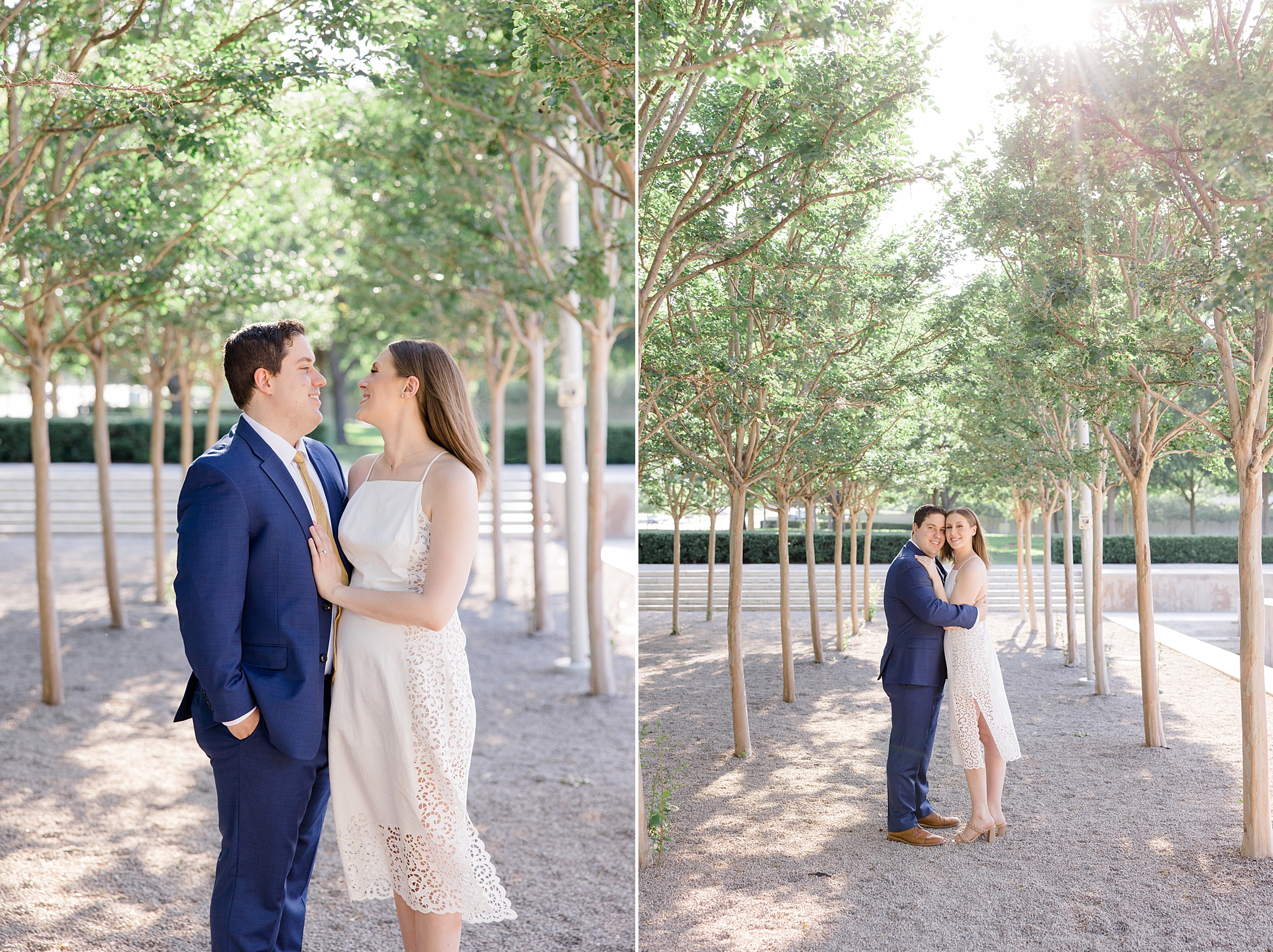 engaged couple poses under trees at Kimball Art Center