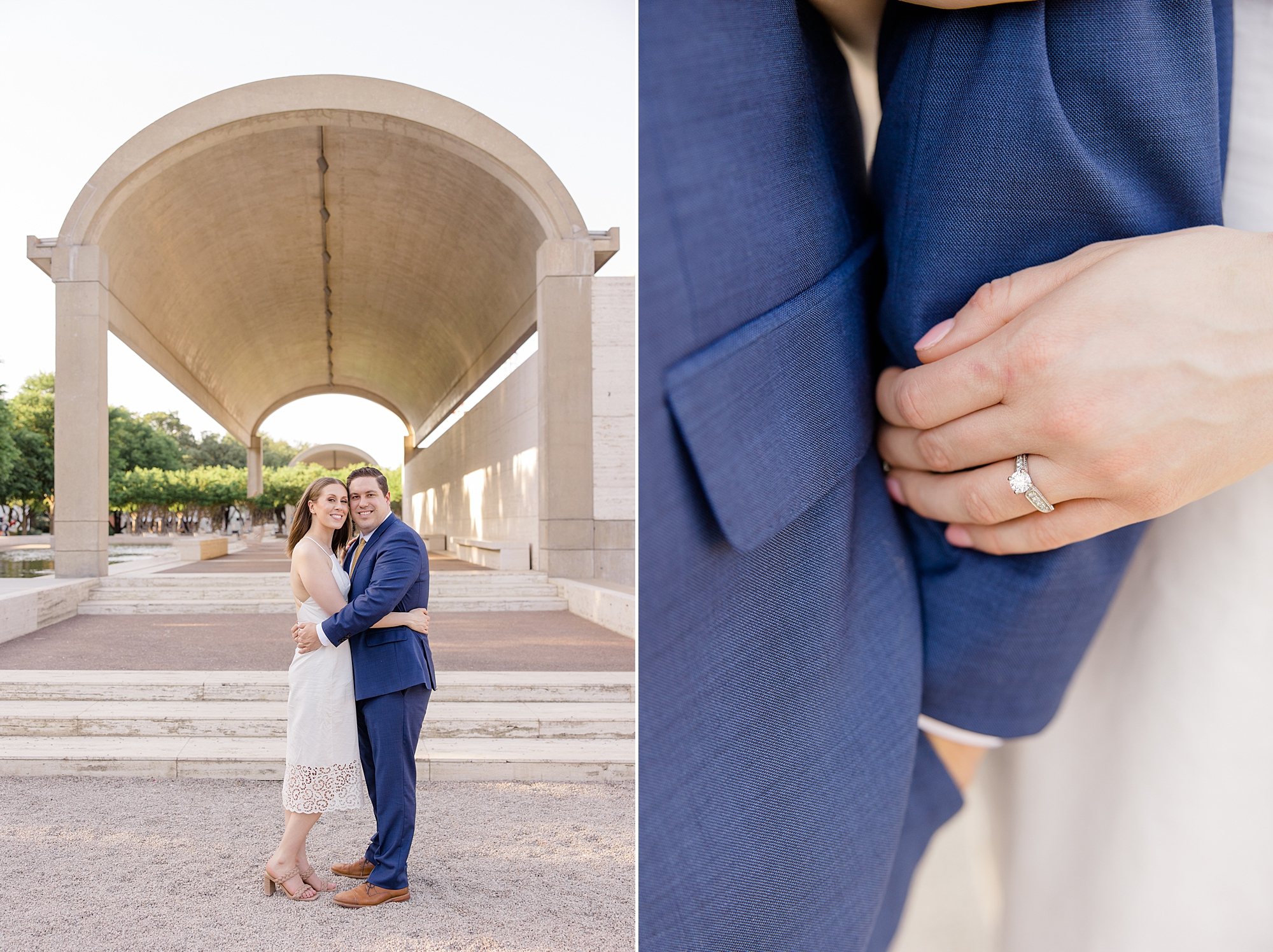 woman holds groom's blue jacket showing off ring