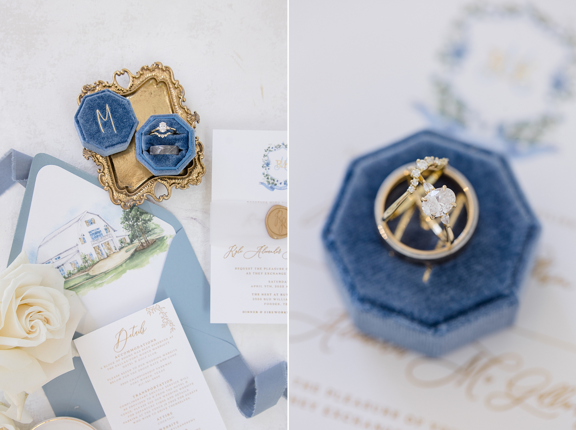 wedding rings rest in blue ring box