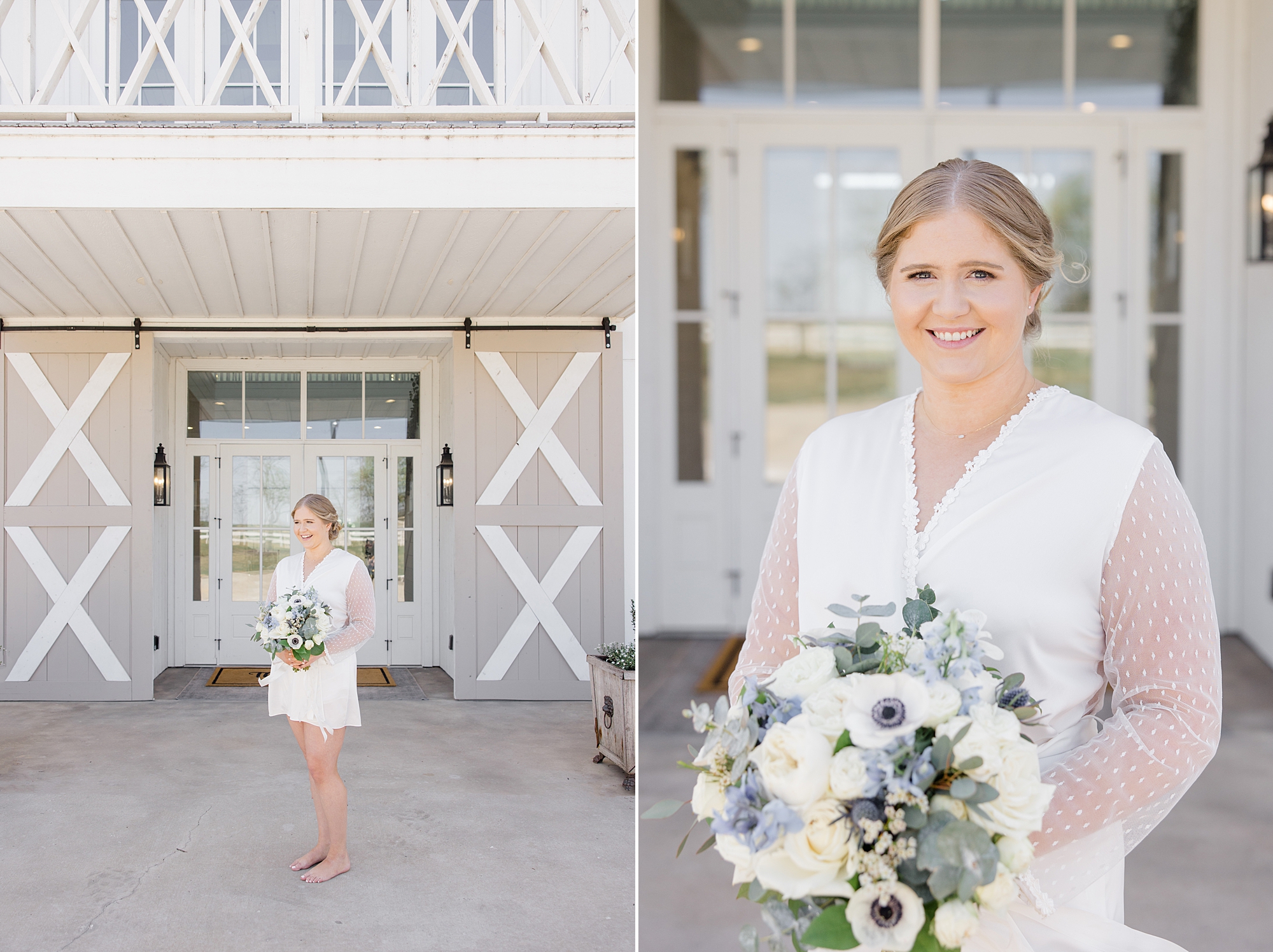 bride holds bouquet in white pajamas outside the Nest at Ruth Farms