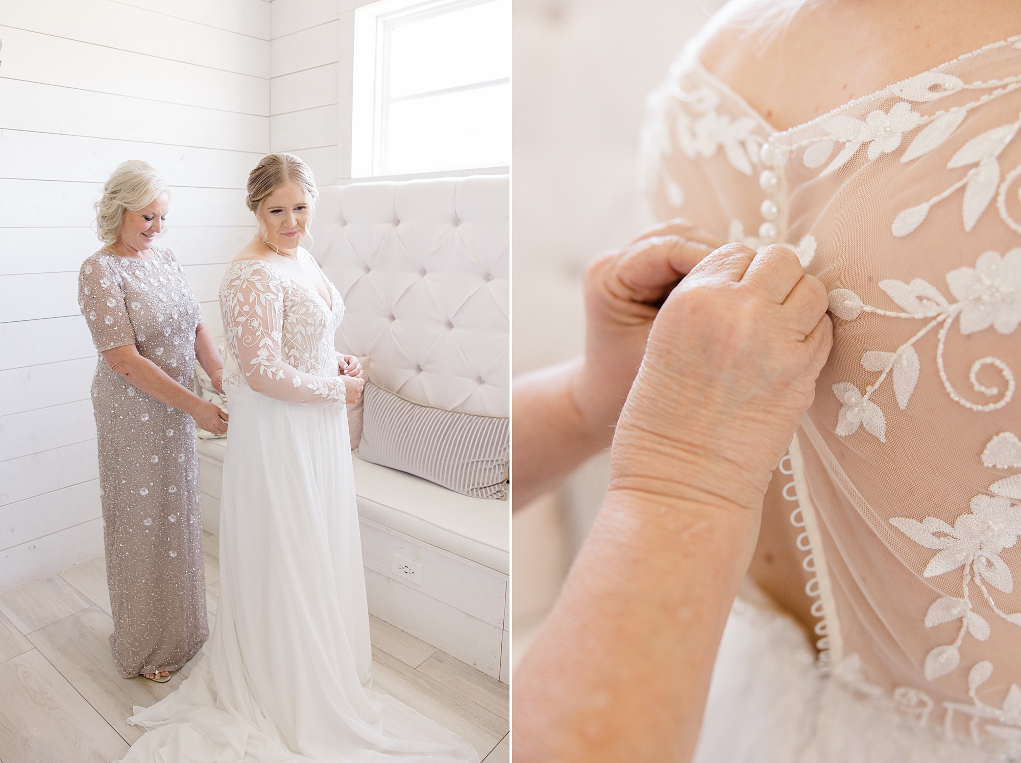 mother helps bride with buttons on wedding gown