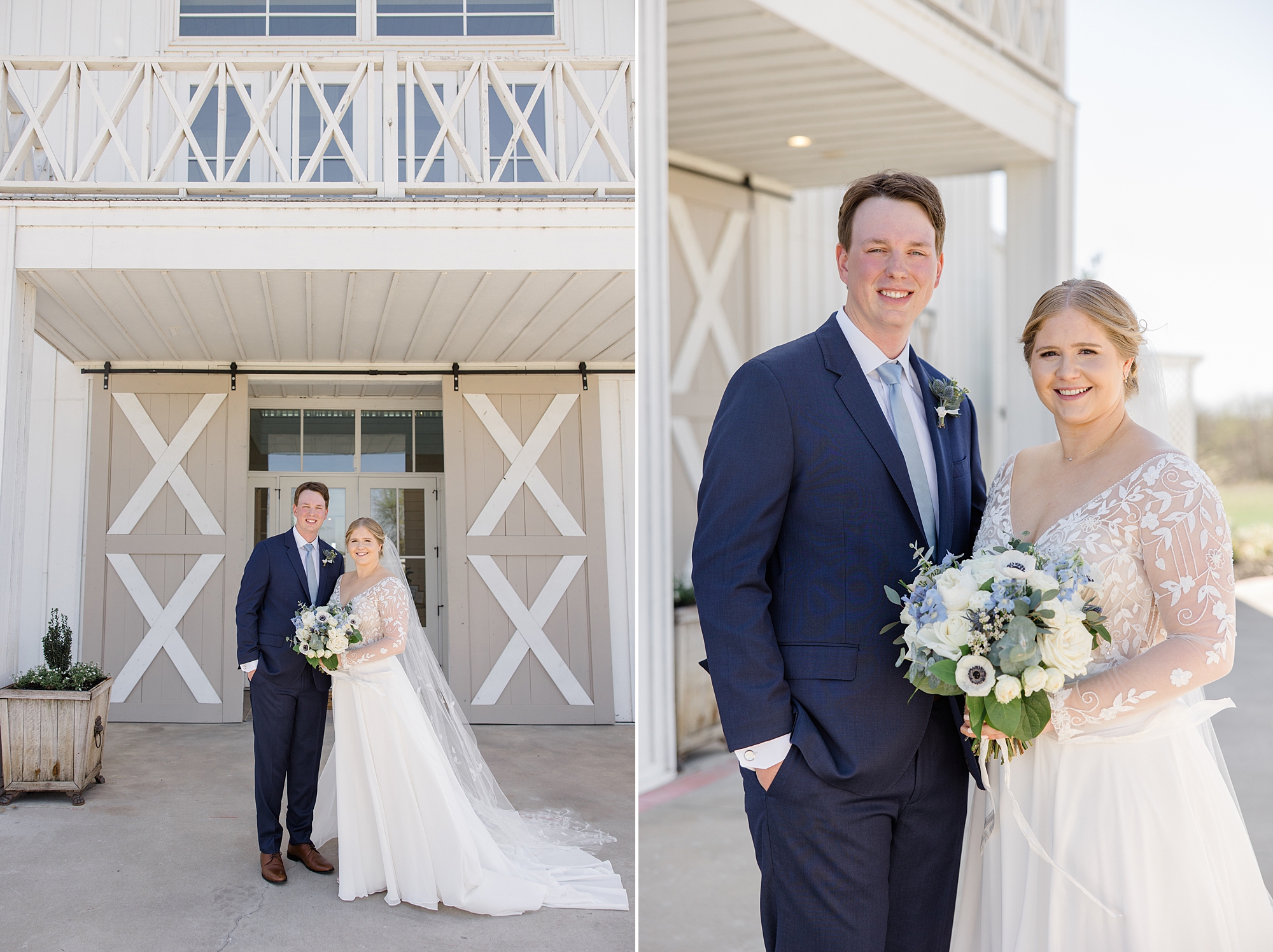 bride and groom pose under awning outside barn at  the Nest at Ruth Farms