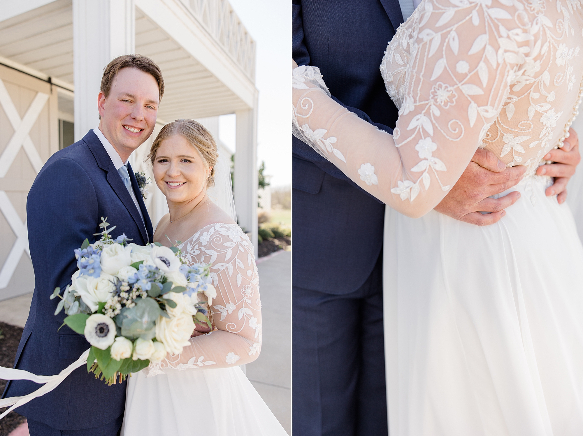 Texas couple hugs during spring wedding portraits at  the Nest at Ruth Farms