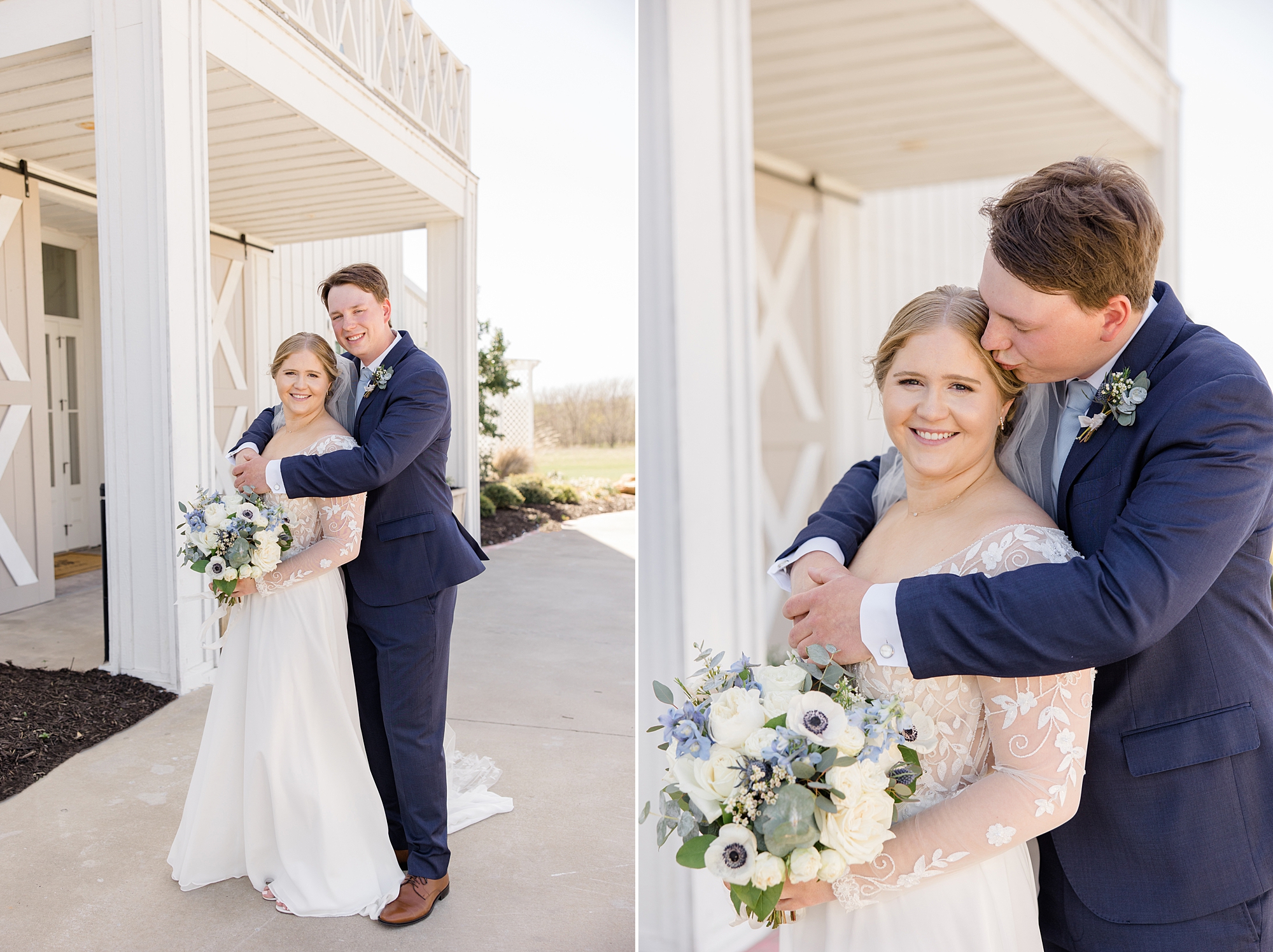 groom hugs bride from behind during TX wedding portraits at the Nest at Ruth Farms