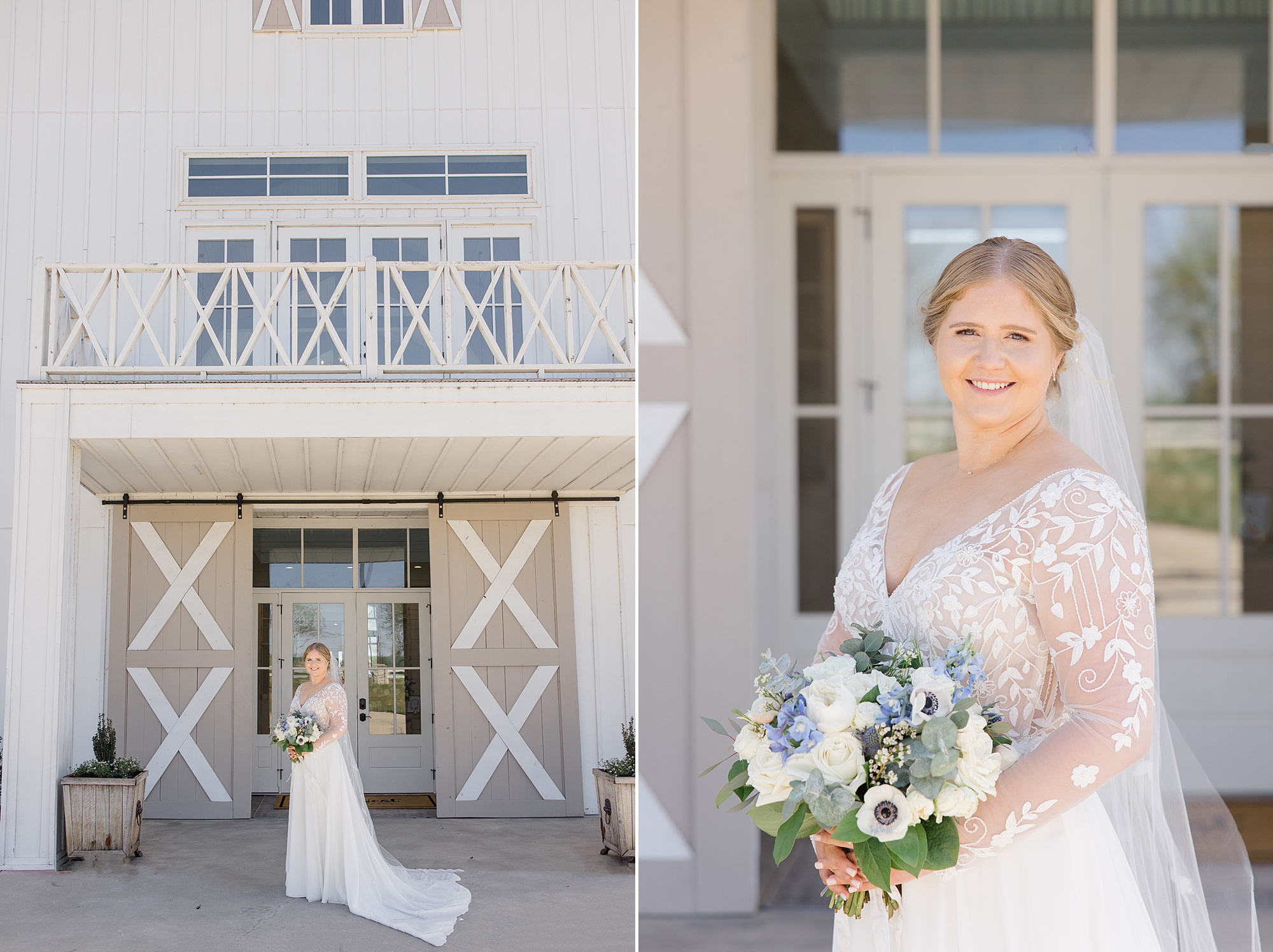 bride holds bouquet of white and blue flowers for spring wedding
