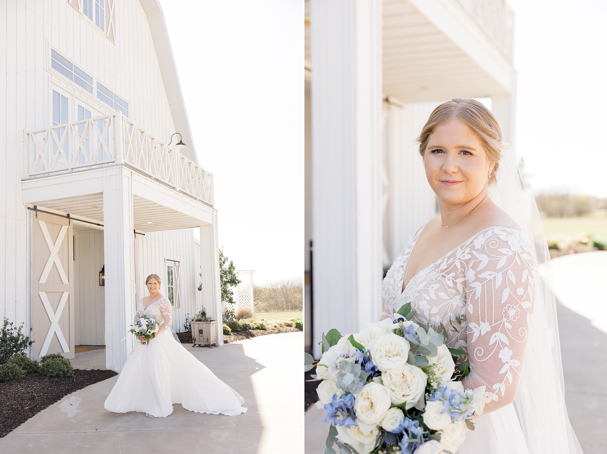 bride poses outside the Nest at Ruth Farms with white and blue bouquet