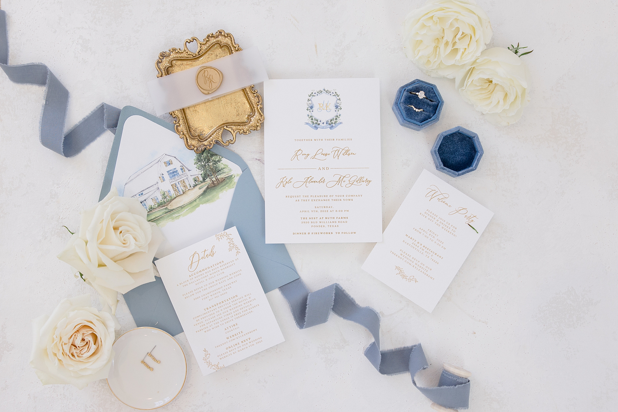 stationery with blue and white details 